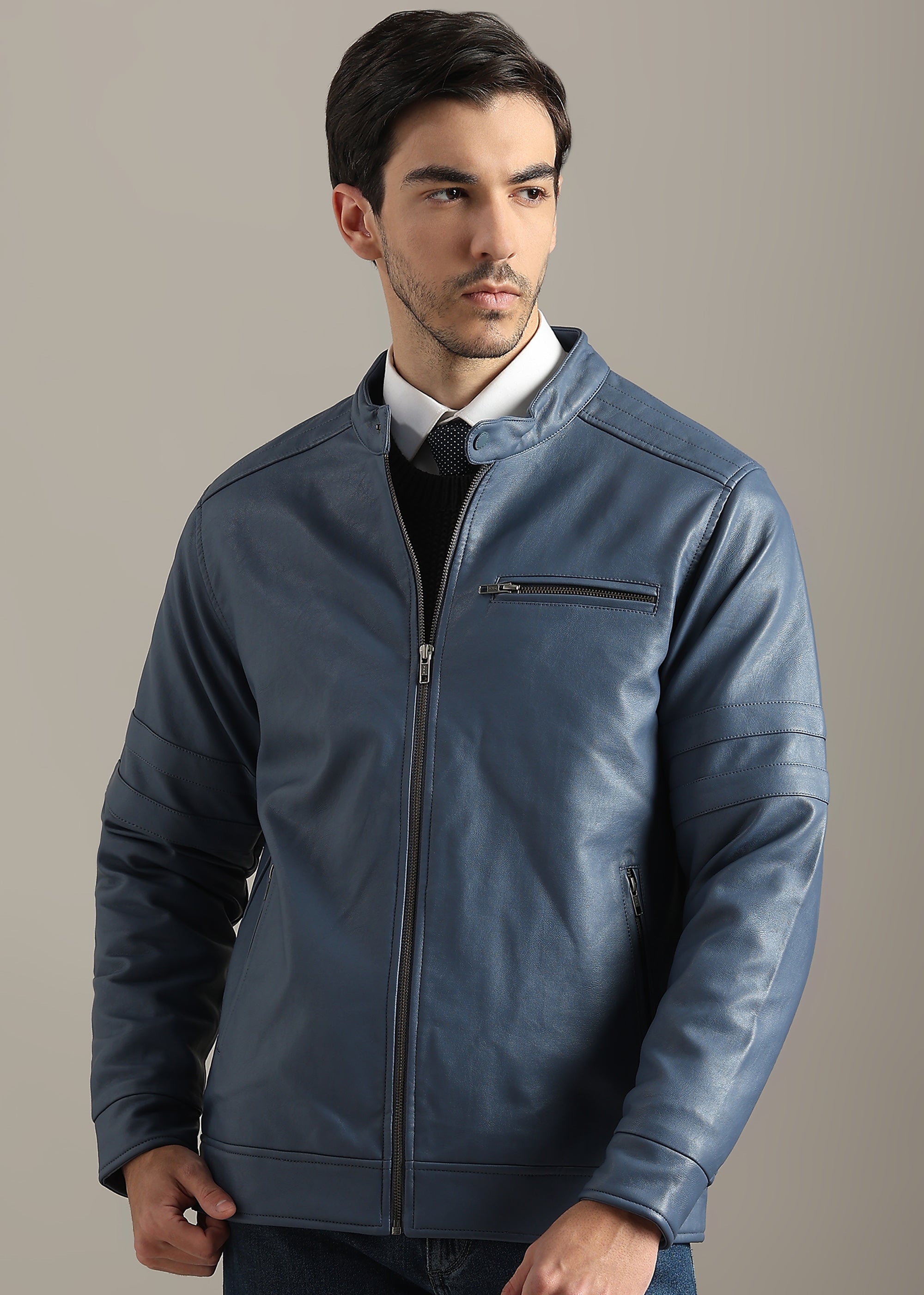 BLUE FAUX LEATHER TRIM MANDARIN COLLAR FULL SLEEVE TAILORED JACKET