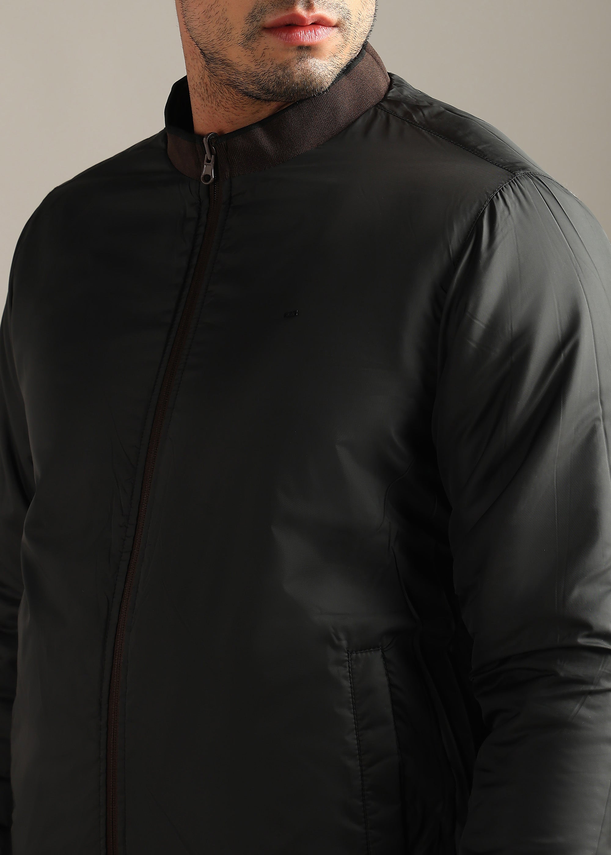 BROWN SOLID REVERSIBLE TEXTURED FULL SLEEVE JACKET