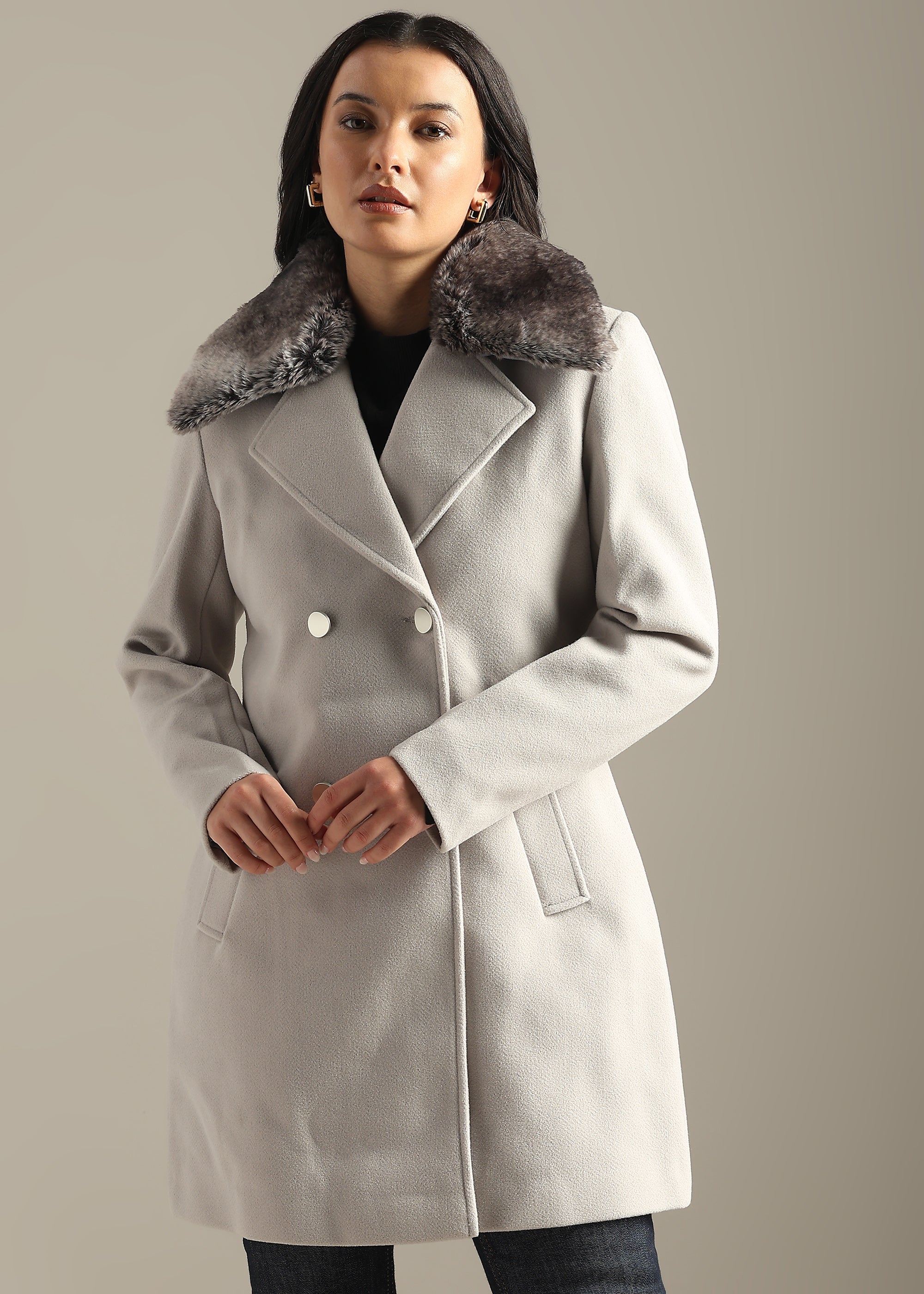 CEMENT SOLID TWEED DETACHABLE FUR COLLAR OVERCOAT