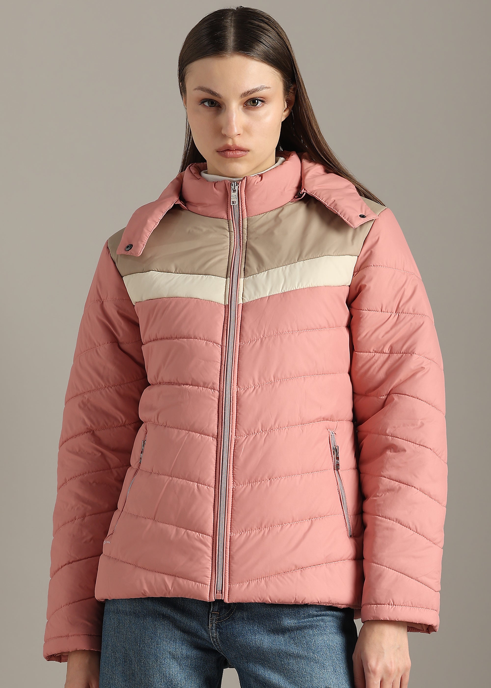 PINK COLOUR-BLOCK PUFFER FULL SLEEVE JACKET