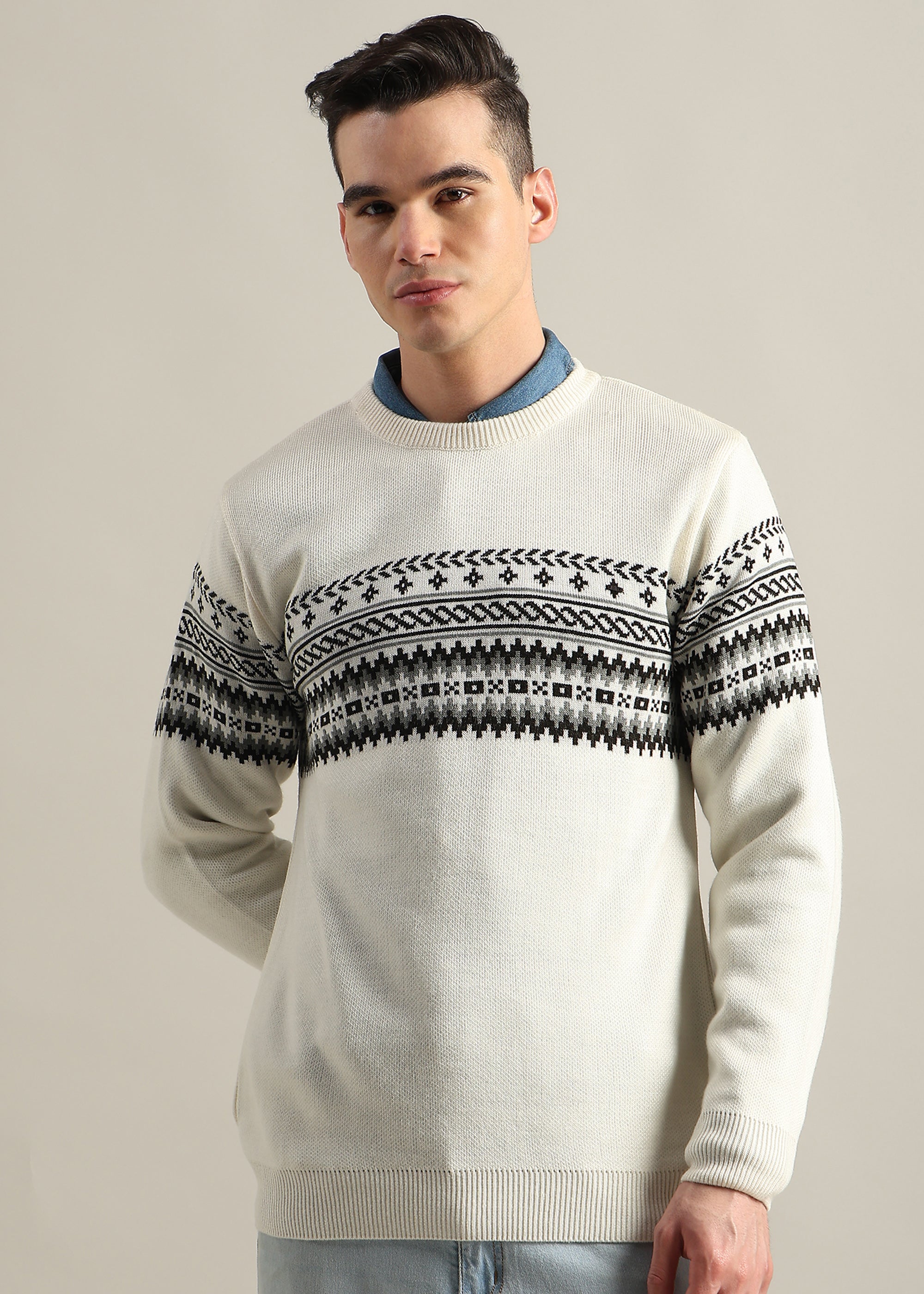 WHITE STRUCTURED CREW NECK SWEATER
