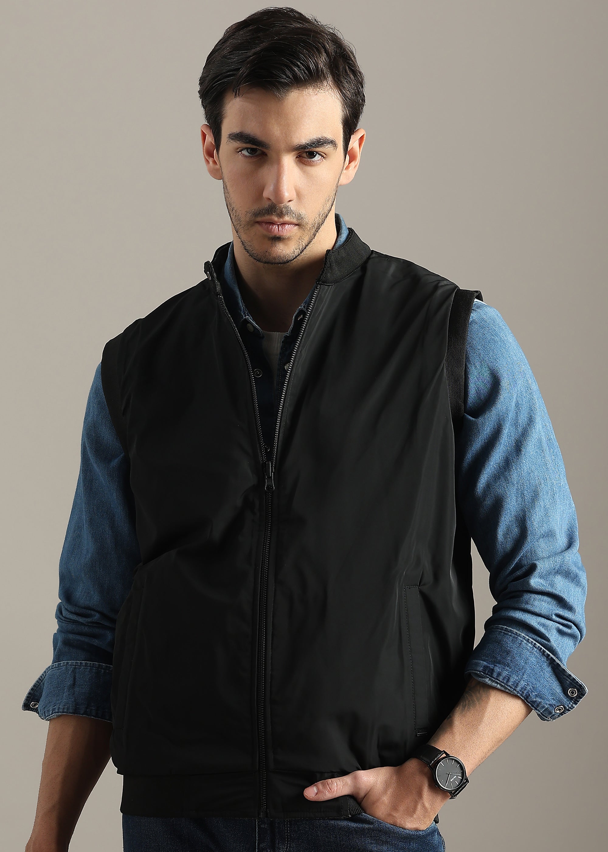 BLACK CHECKED TWEED ELASTANE REVERSIBLE GILET