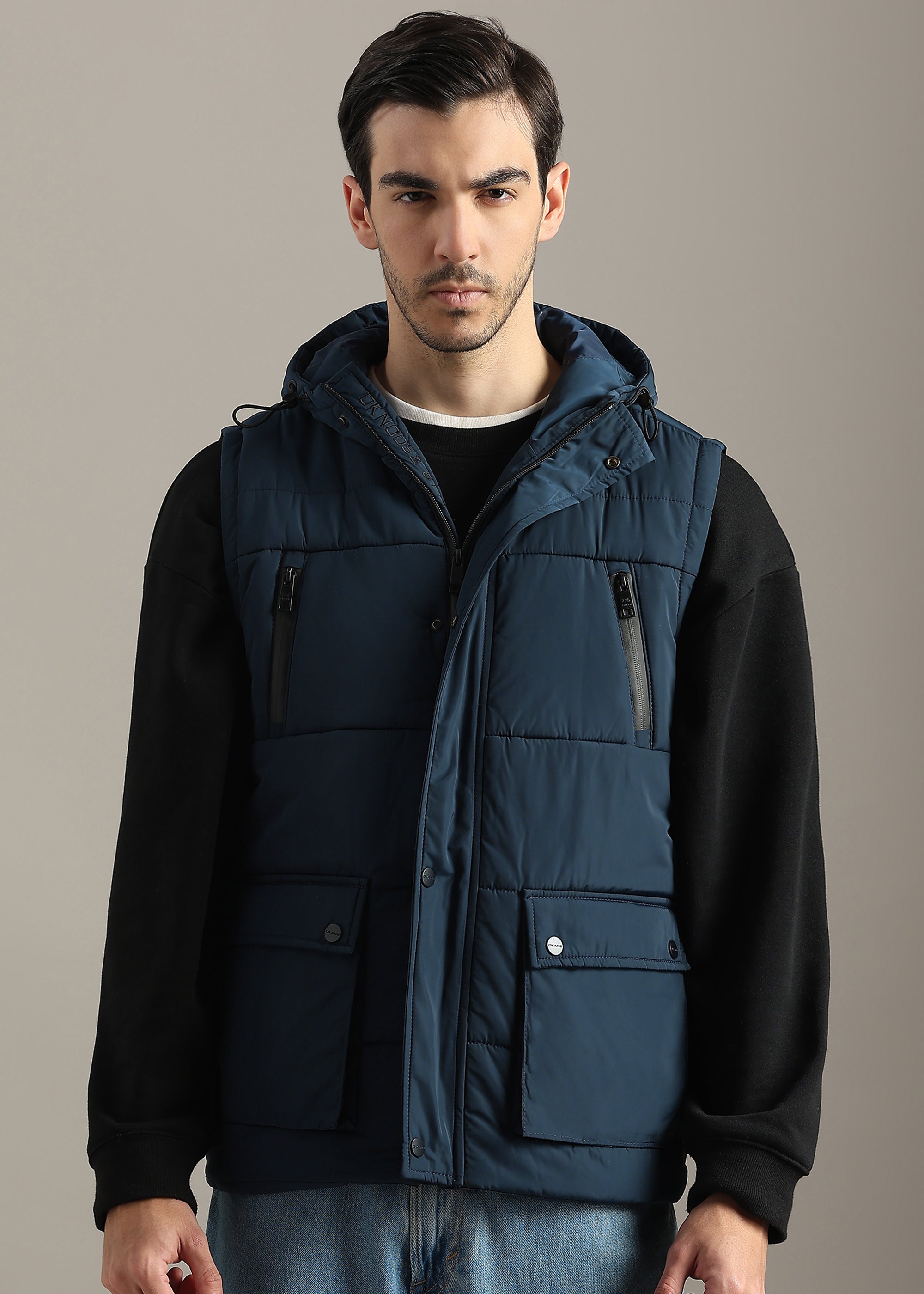 NAVY SOLID NYLON MULTI POCKET SLEEVELESS CARGO JACKET
