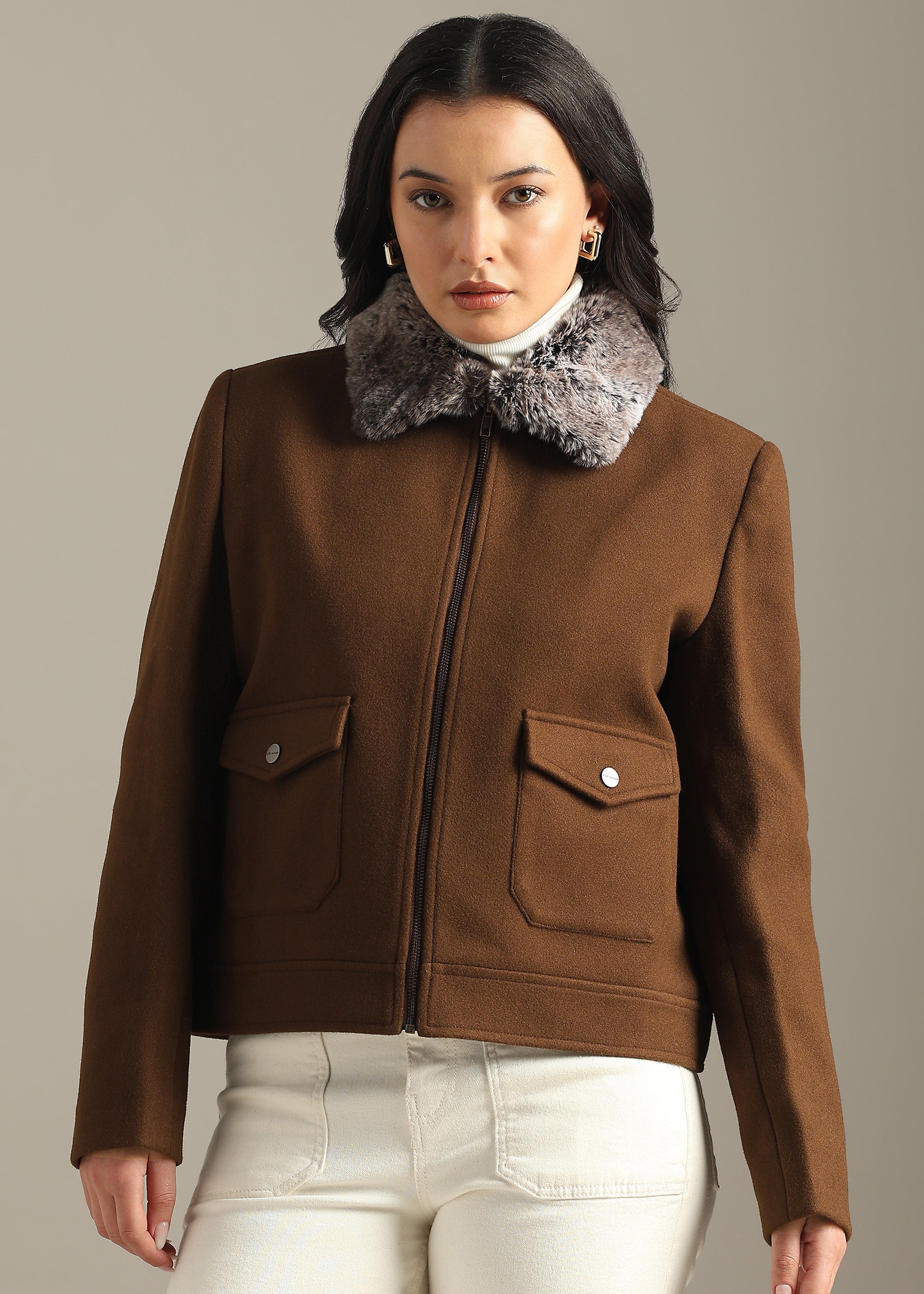 COFFEE DETACHABLE FUR BLOUSON COAT