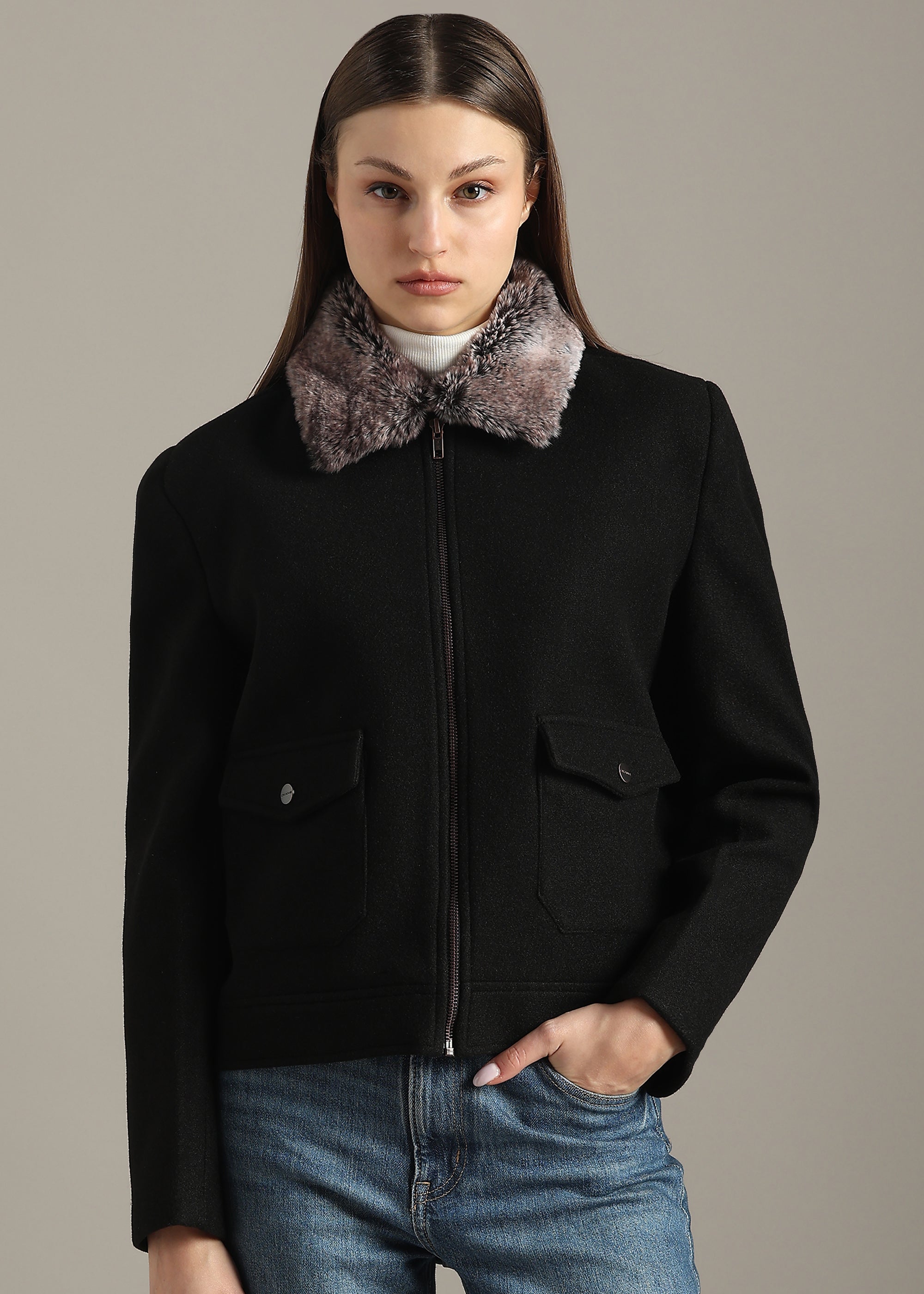 BLACK DETACHABLE FUR BLOUSON COAT