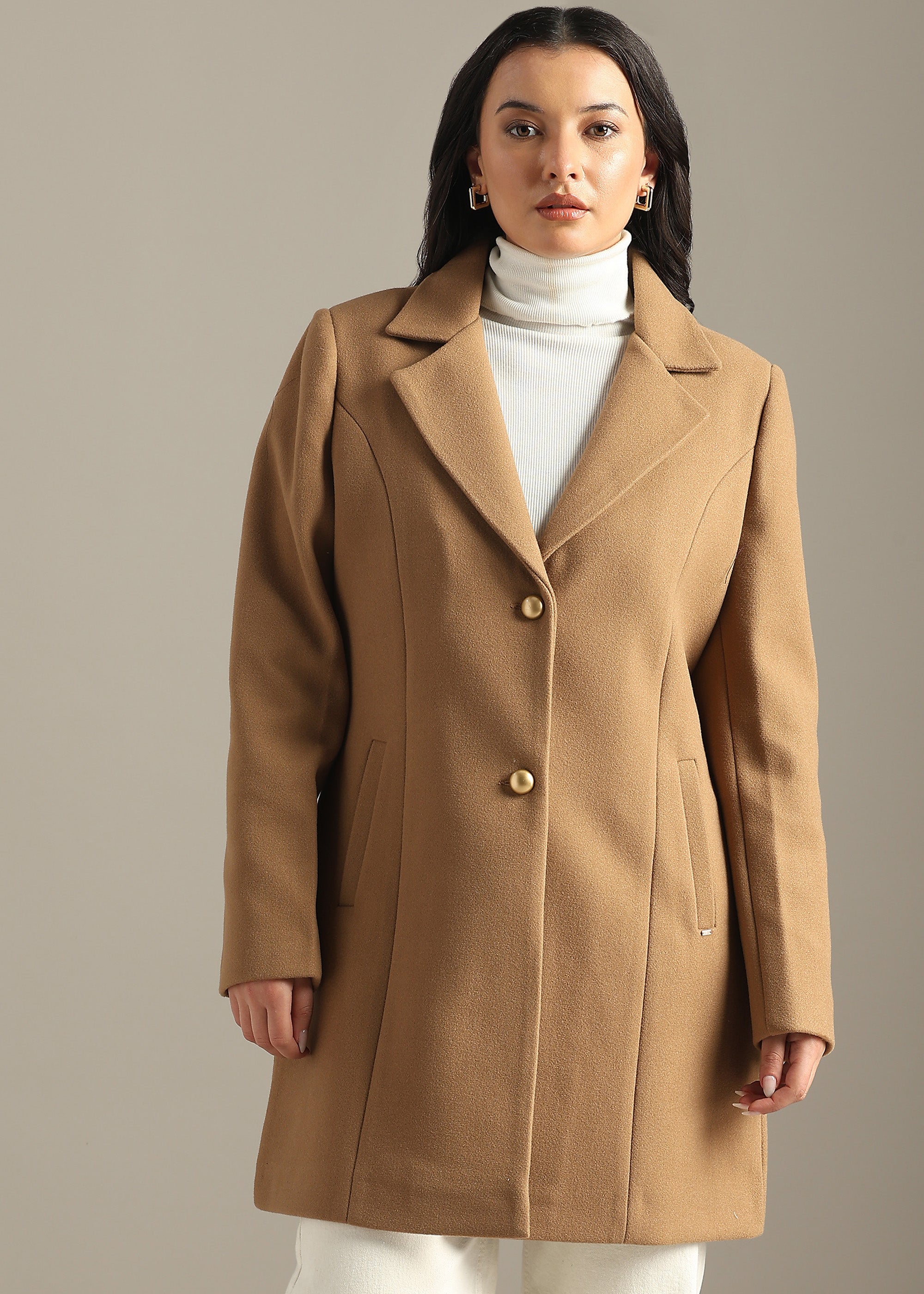 KHAKI SOLID WINTER ESSENTIAL COAT