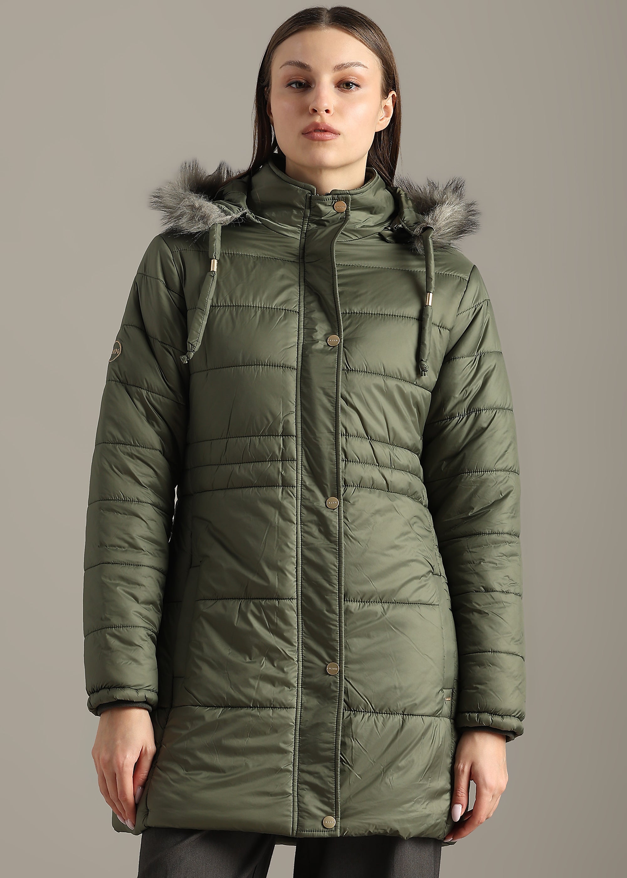 OLIVE SOLID NYLON LONG SKI FULL SLEEVE JACKET