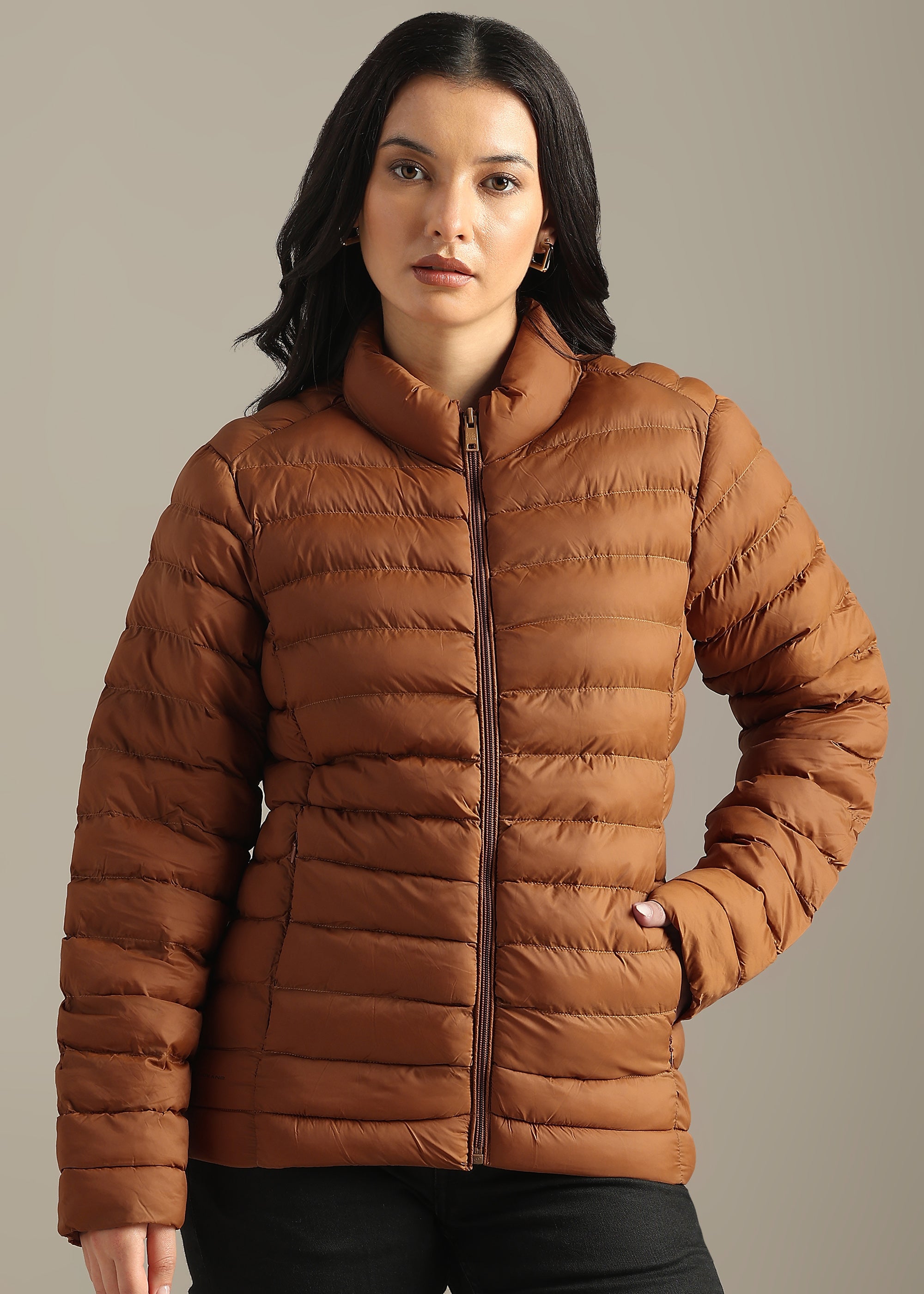 TAN SOLID POLYESTER PUFFER FULL SLEEVE JACKET