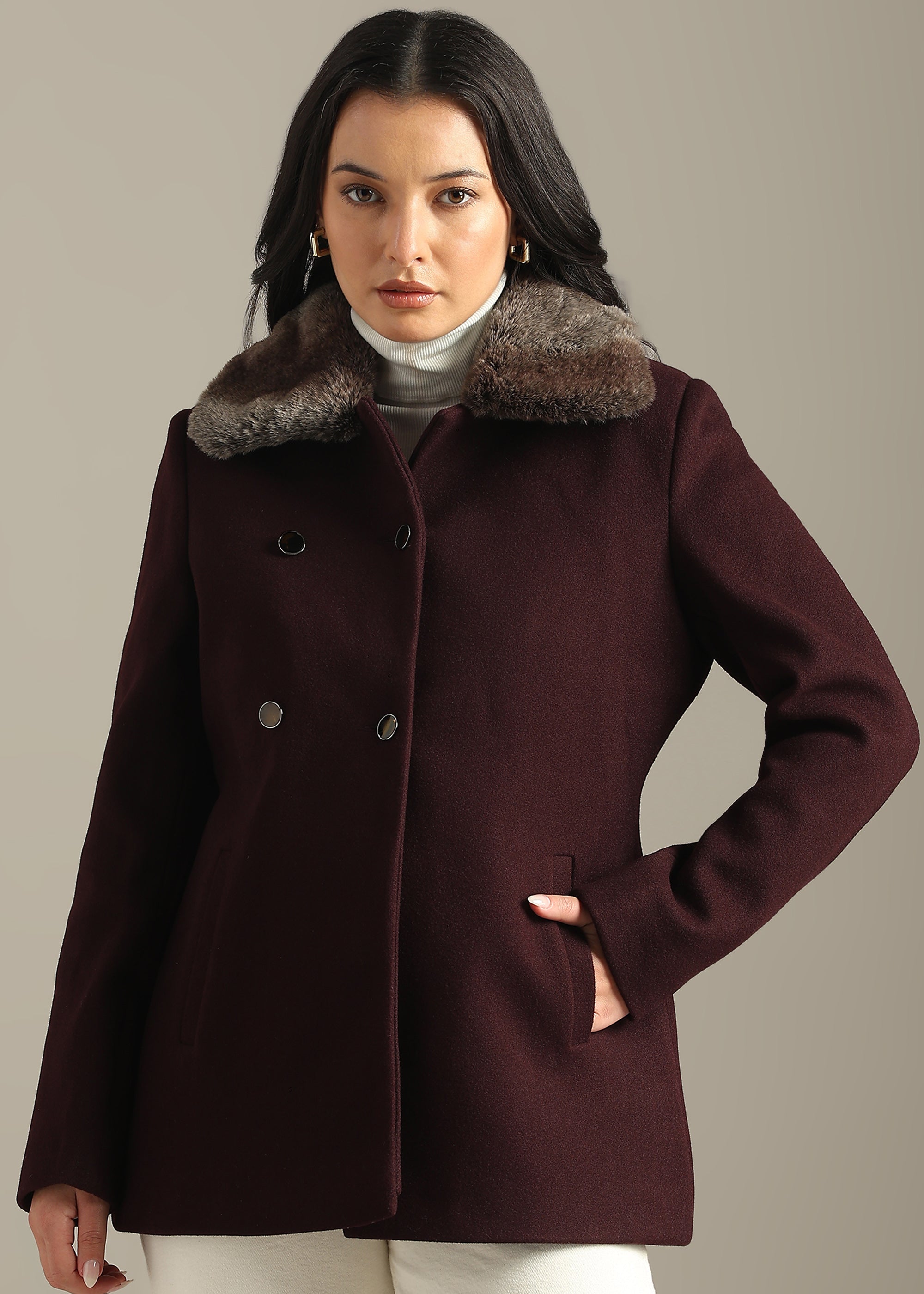 WINE ESSENTIAL DETACHABLE FUR COLLAR COAT