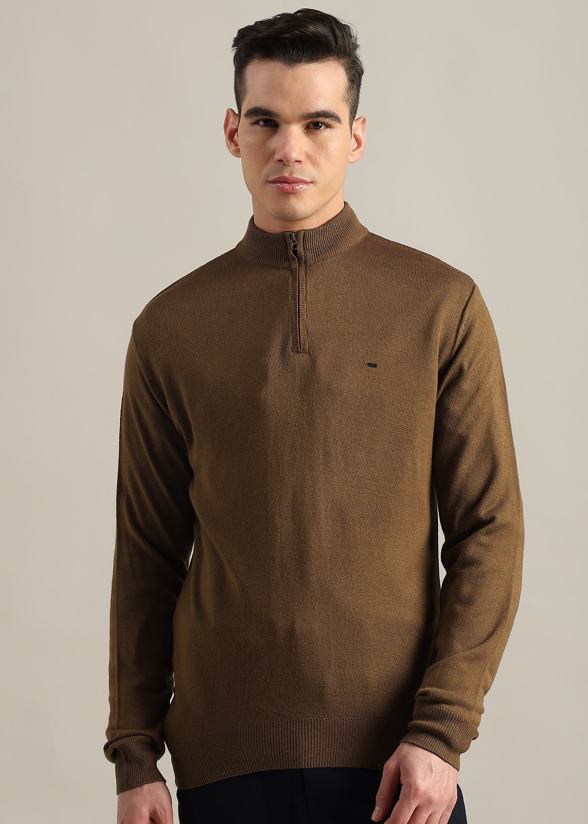 TAN SOLID ACRYLIC TURTLE NECK SWEATER