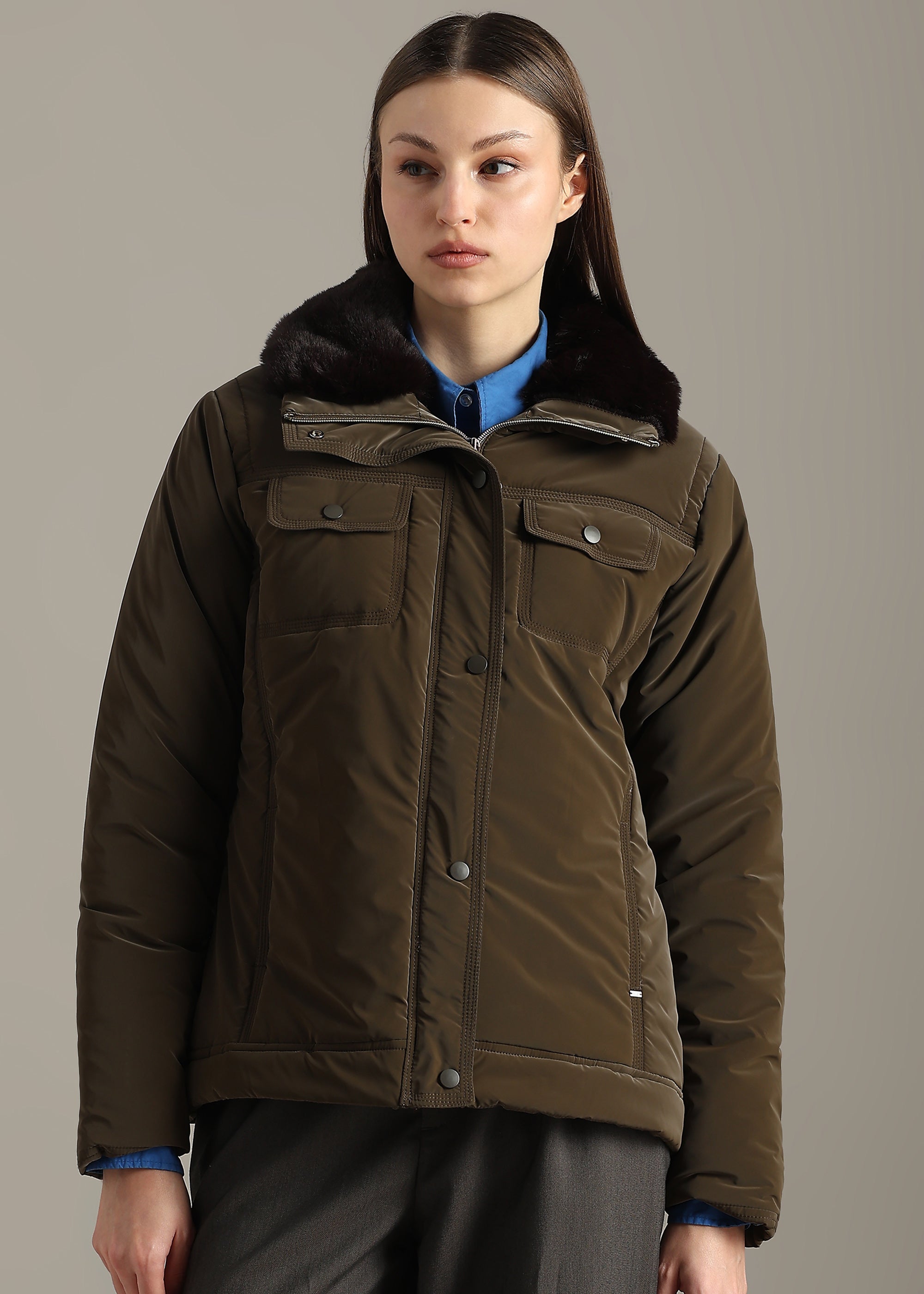 COFFEE SOFT SKIN FUR COLLAR FULL SLEEVE JACKET