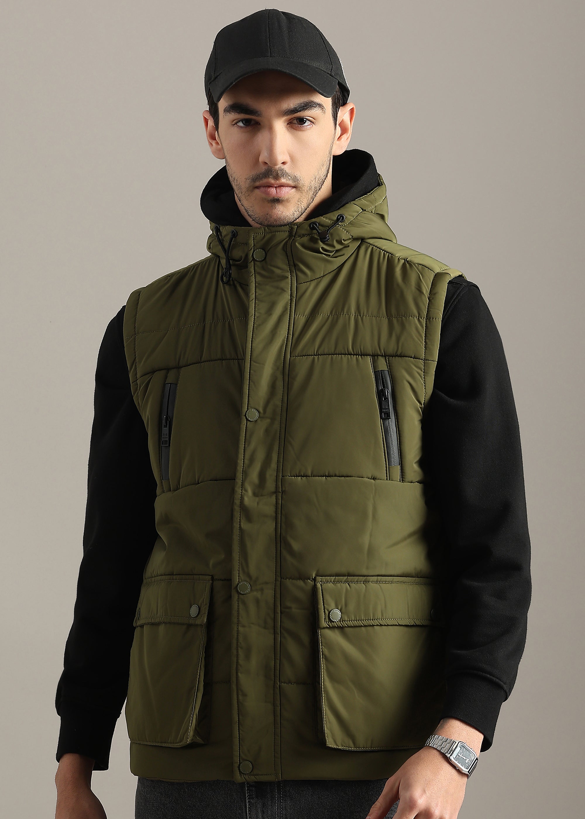 OLIVE SOLID POLYESTER CARGO CHESTER GILET