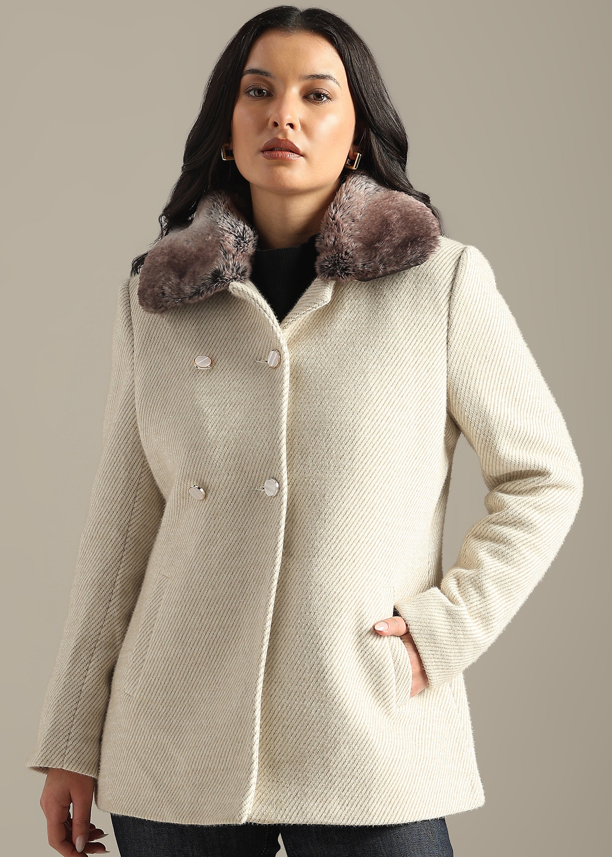 BEIGE STRUCTURED DETACHABLE FUR COLLAR COAT