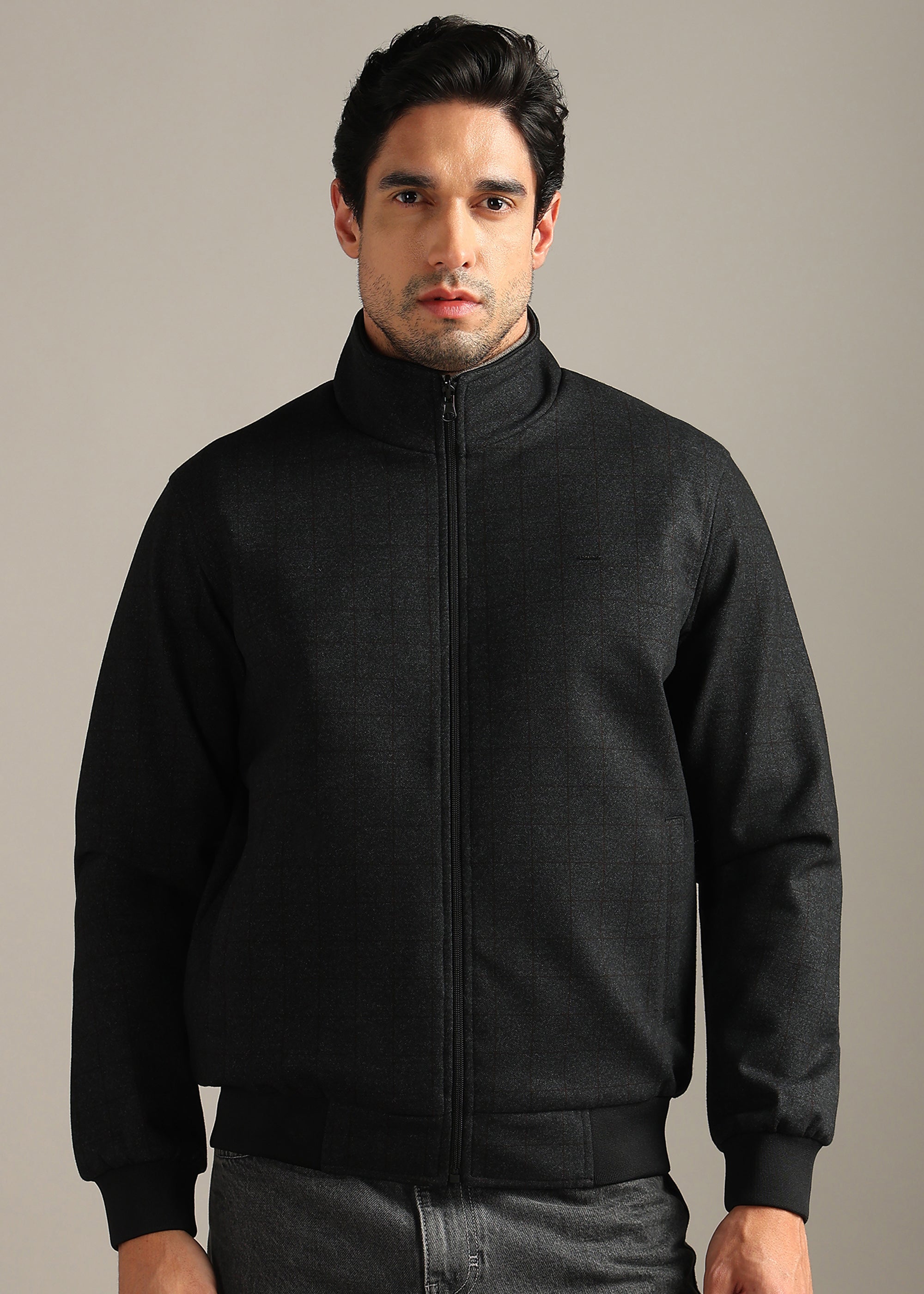 BLACK SOLID REVERSIBLE TWEED FULL SLEEVE JACKET