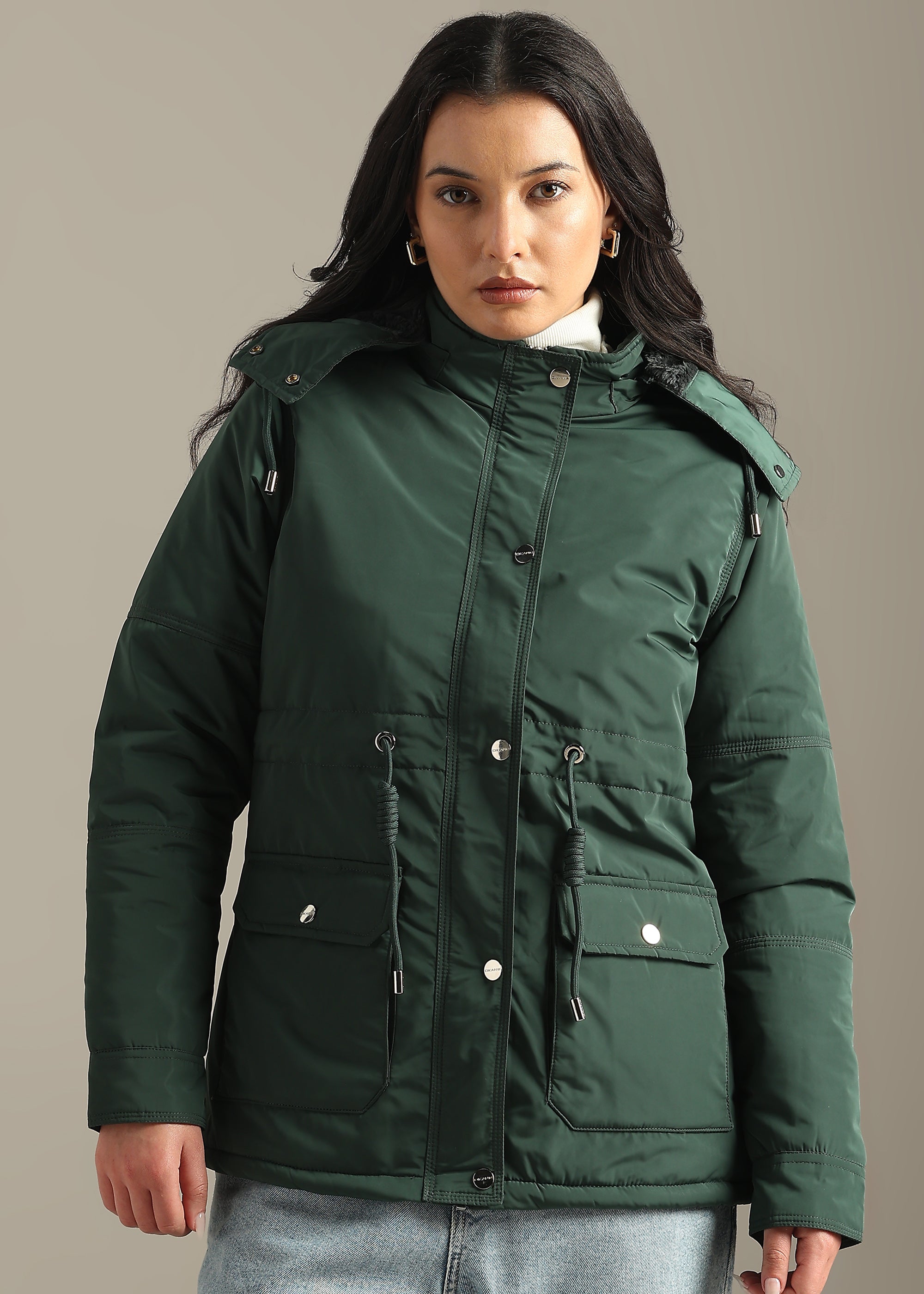 GREEN SOLID FUR PADDED PARKA FULL SLEEVE JACKET