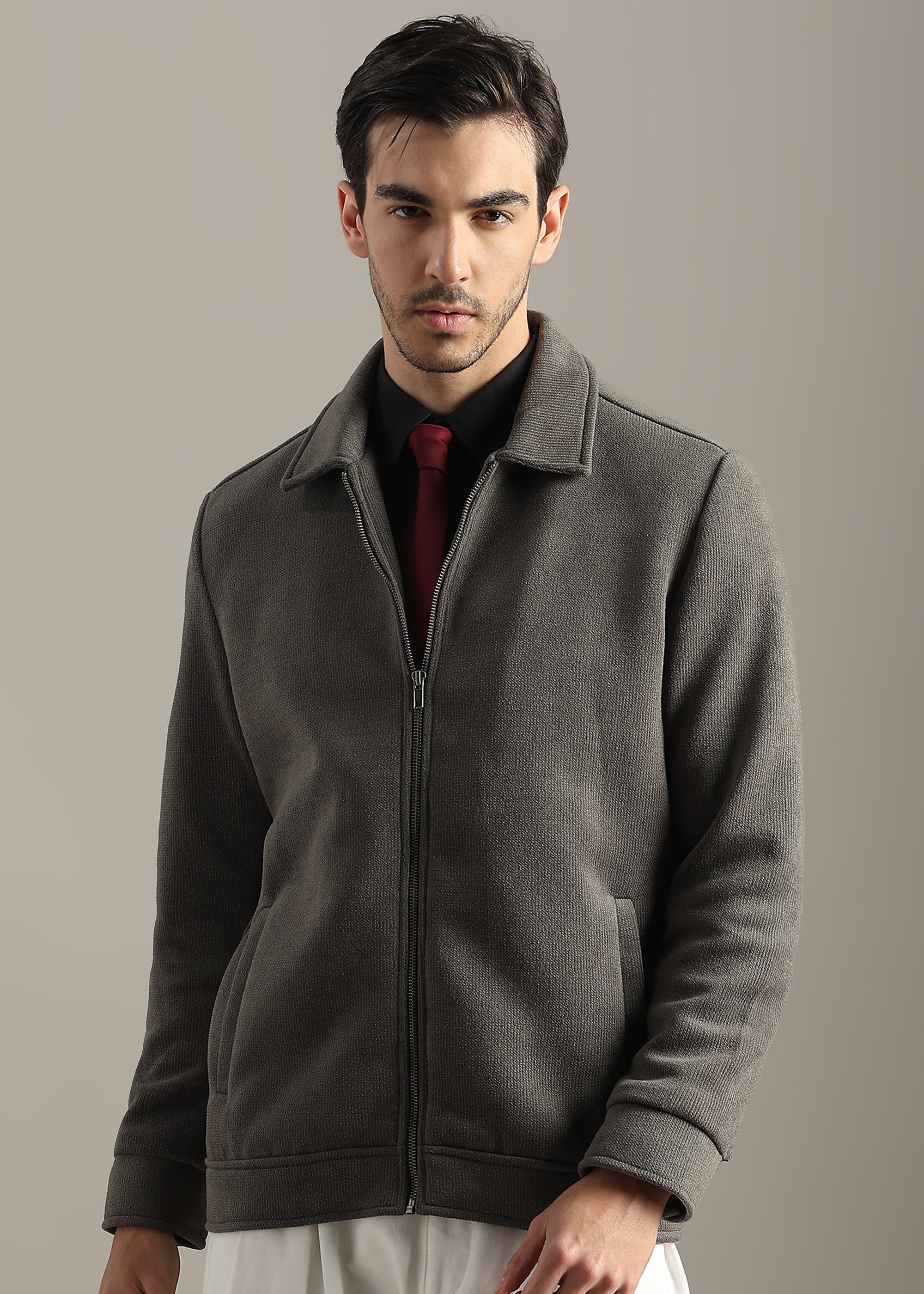 OLIVE STRUCTURED BLOUSON FULL SLEEVE JACKET