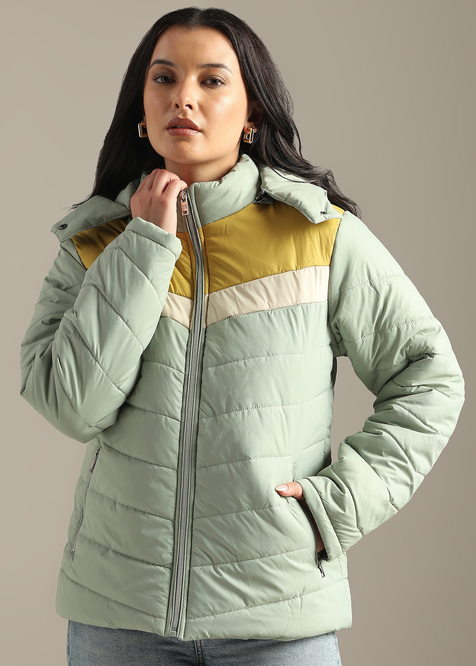 TEAL COLOUR-BLOCK PUFFER FULL SLEEVE JACKET
