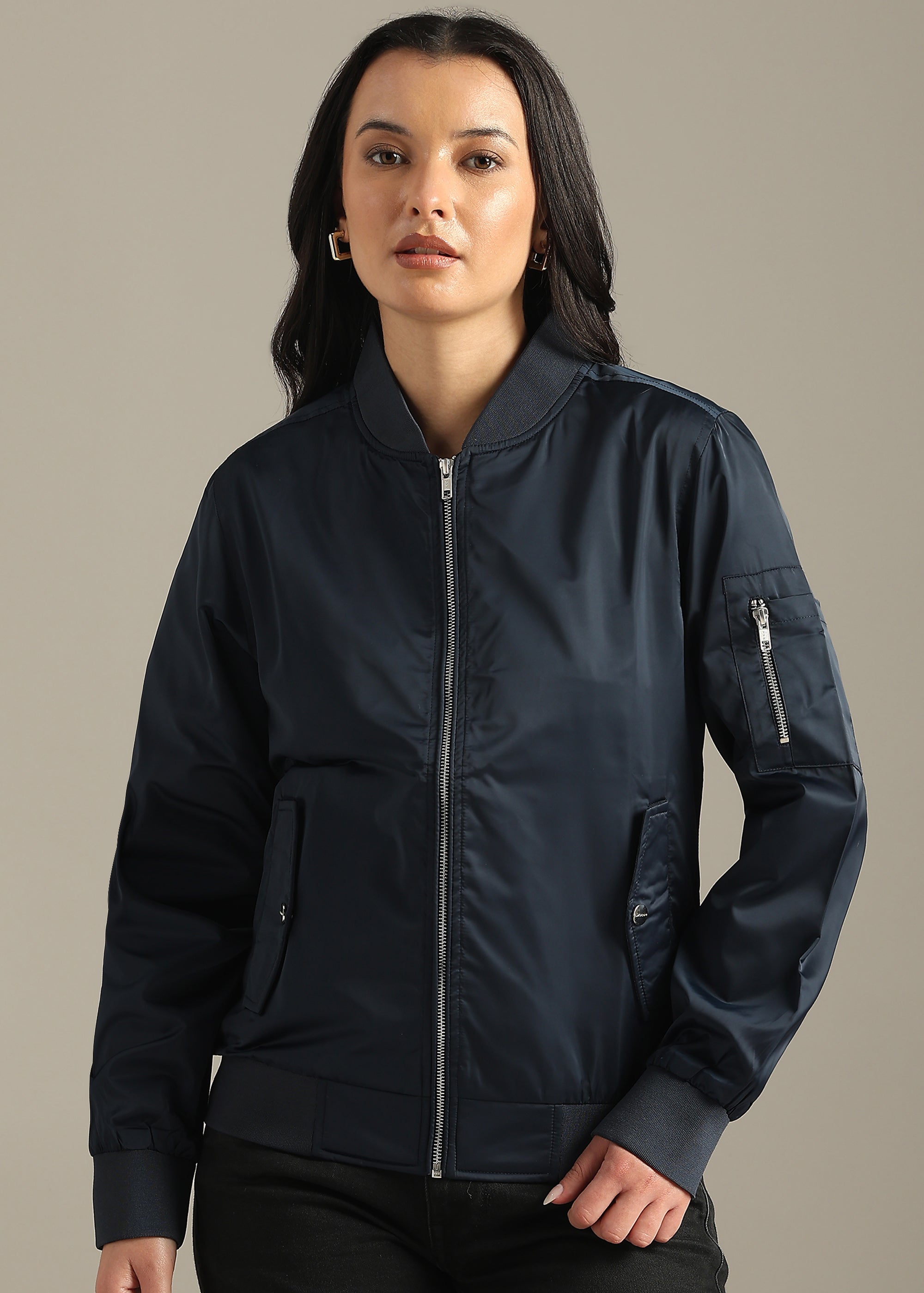 NAVY SATIN BOMBER FULL SLEEVE JACKET