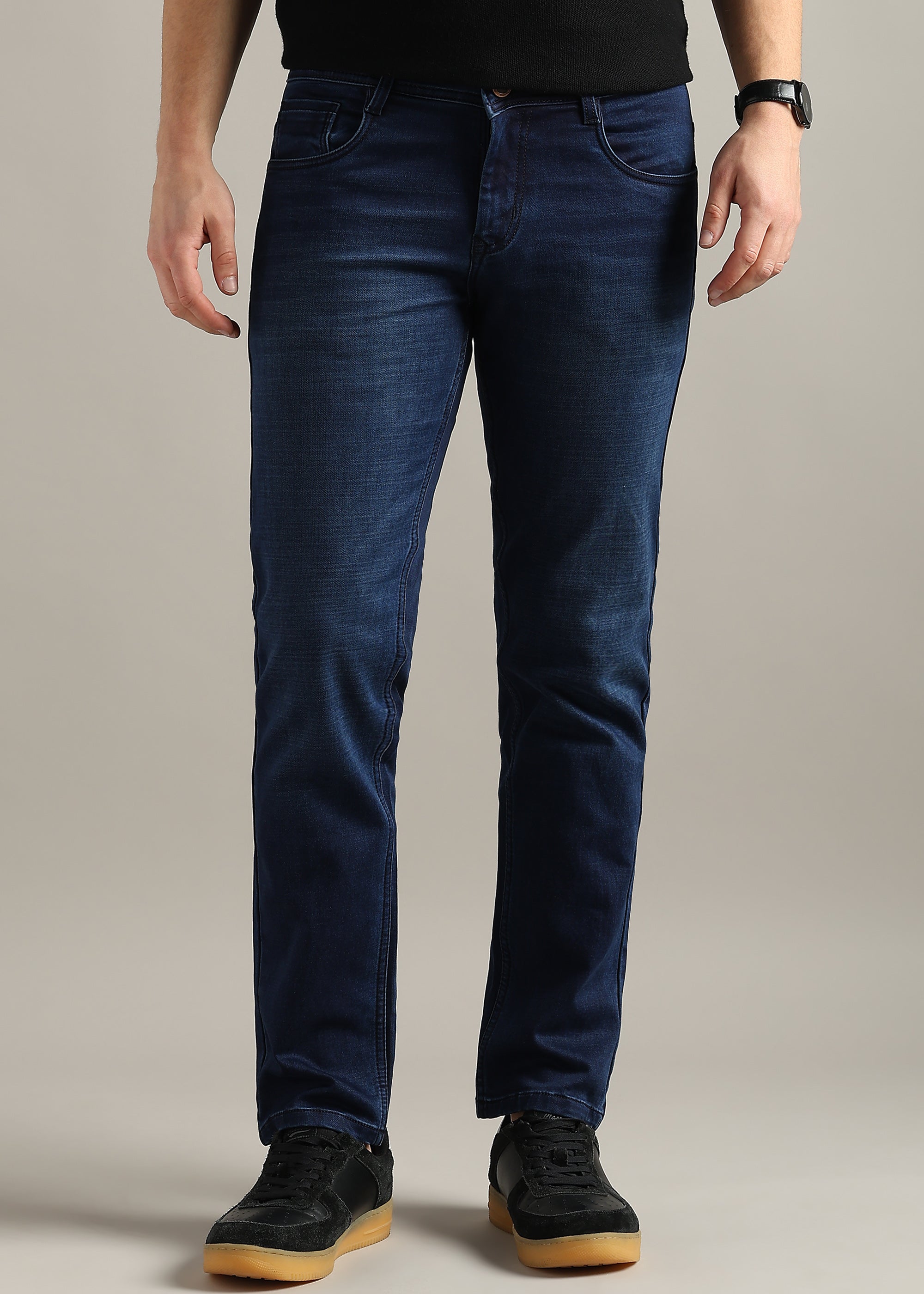 Navy Straight Fit Mid Rise Light Fade Jeans
