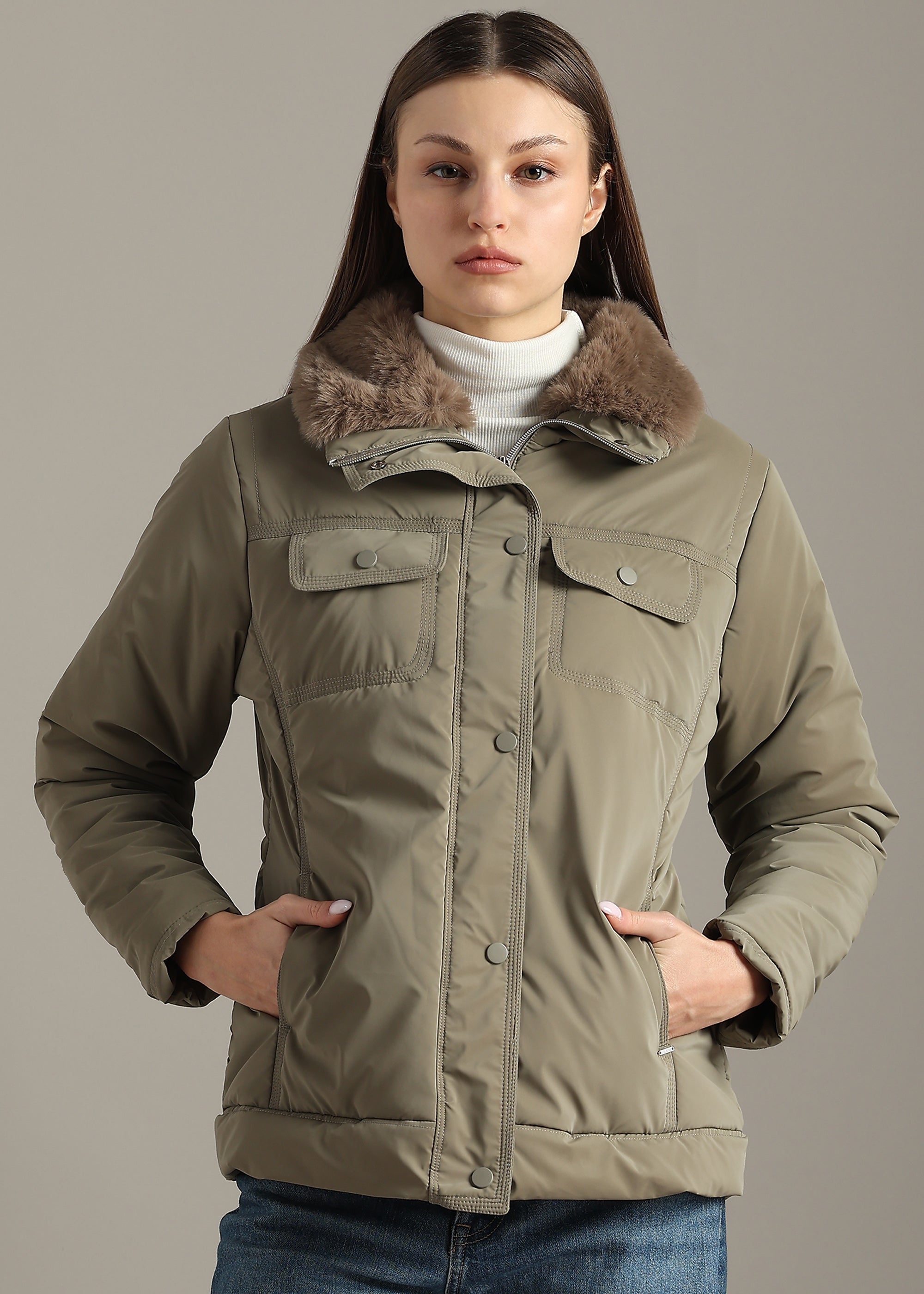 SILVER MINK SOFT SKIN FUR COLLAR FULL SLEEVE JACKET