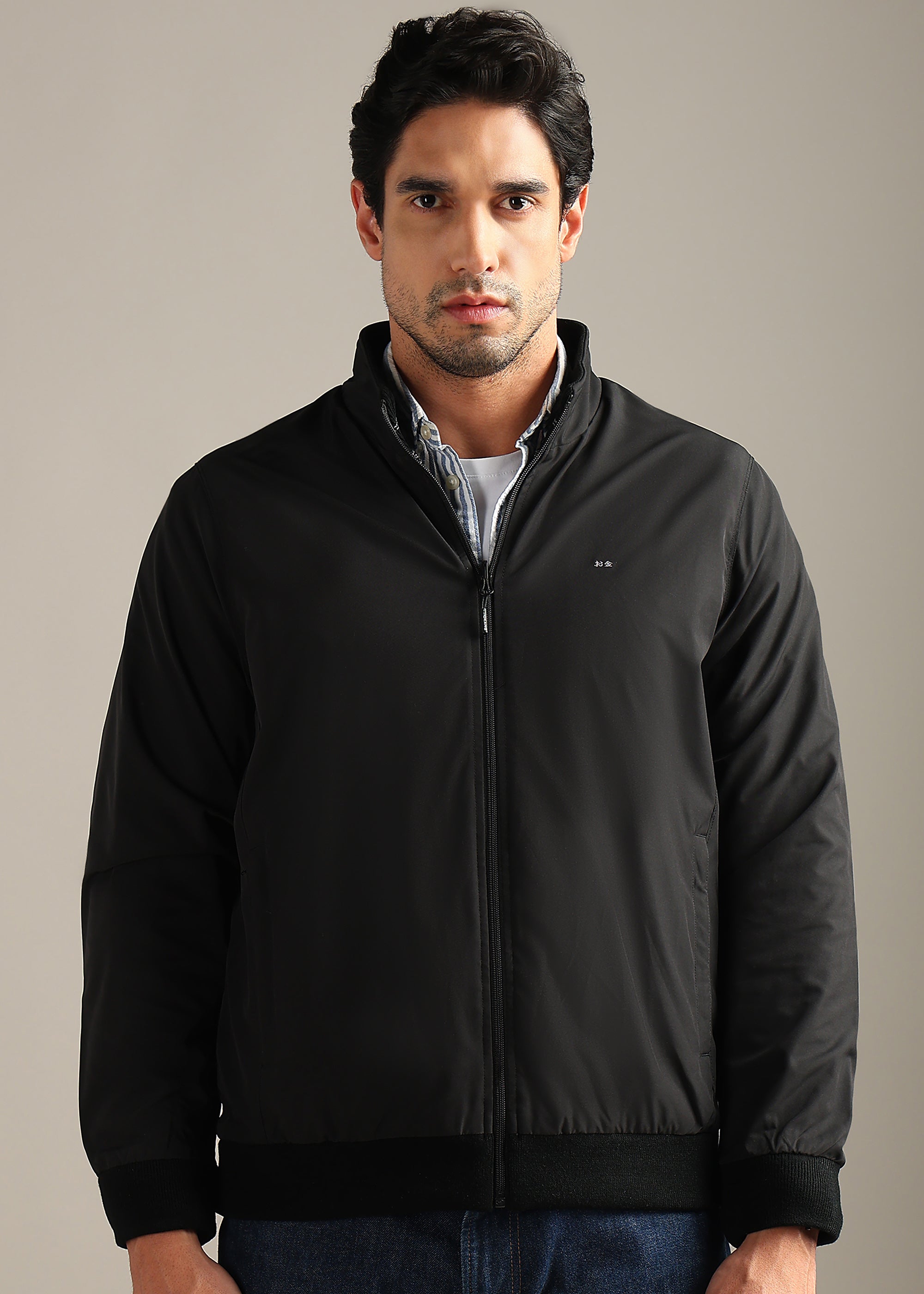 BLACK SOLID REVERSIBLE FULL SLEEVE JACKET WITH ENGINEERED SWEATER