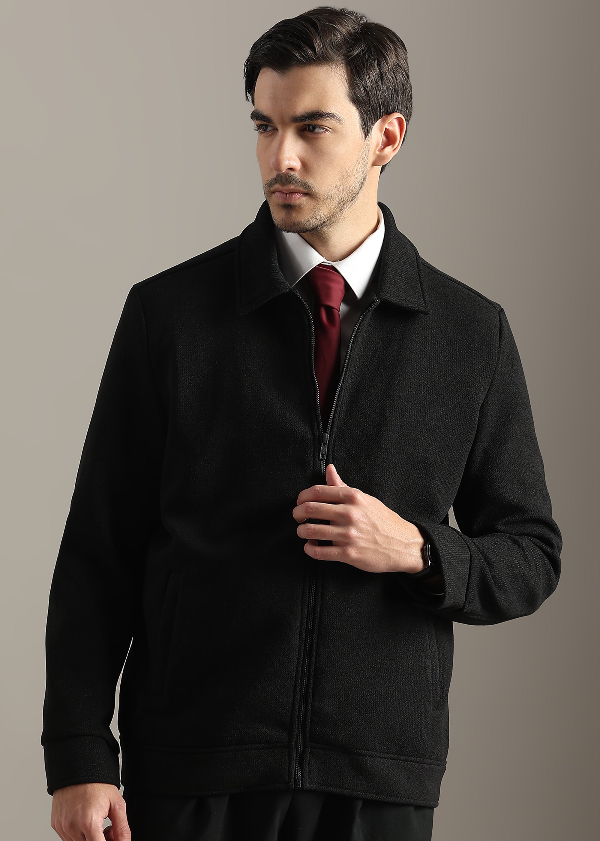 BLACK STRUCTURED BLOUSON FULL SLEEVE JACKET