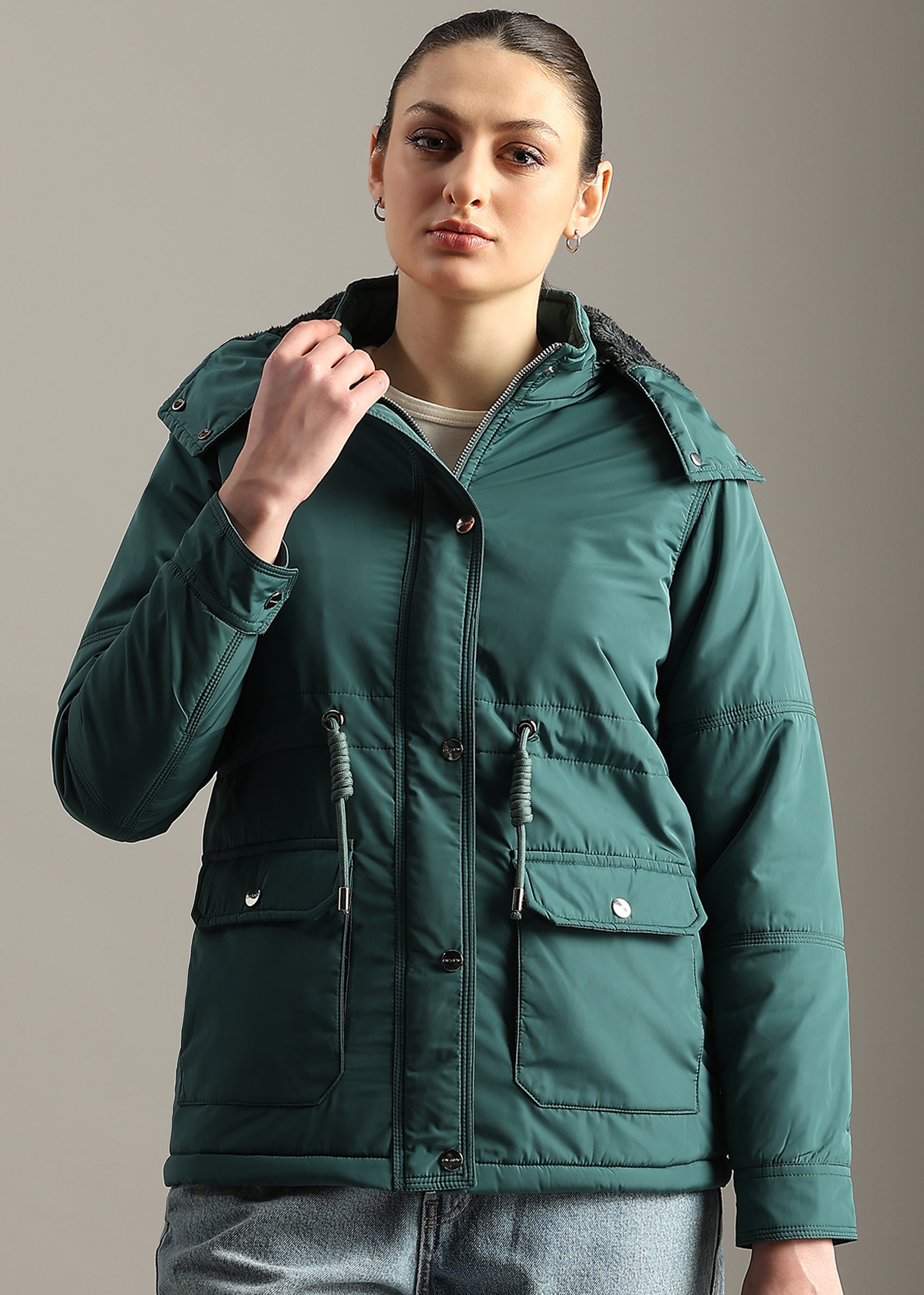 GREEN SOLID FUR PADDED PARKA FULL SLEEVE JACKET