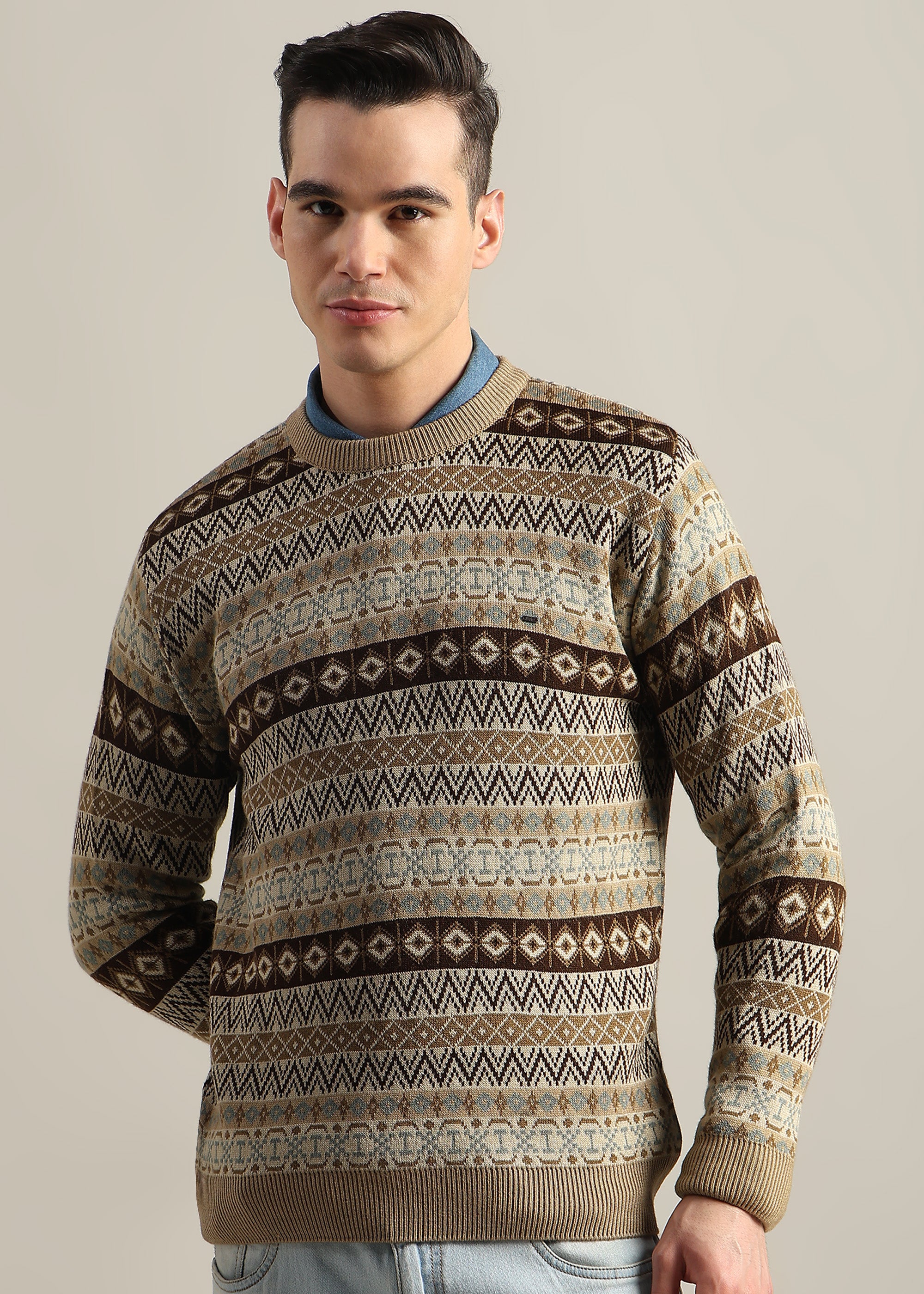 CAMEL STRUCTURED CREW NECK SWEATER