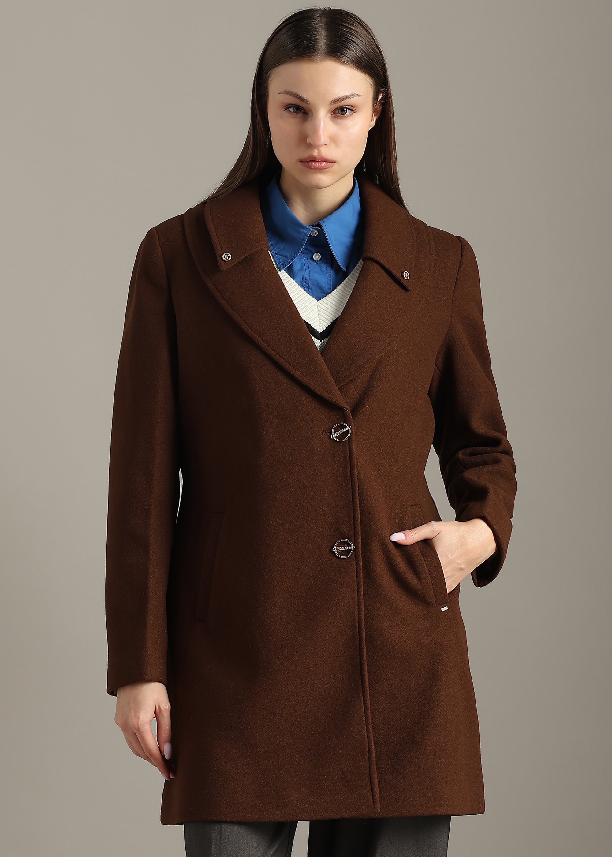 COFFEE SOLID FORMAL DOUBLE BREASTED OVER COAT