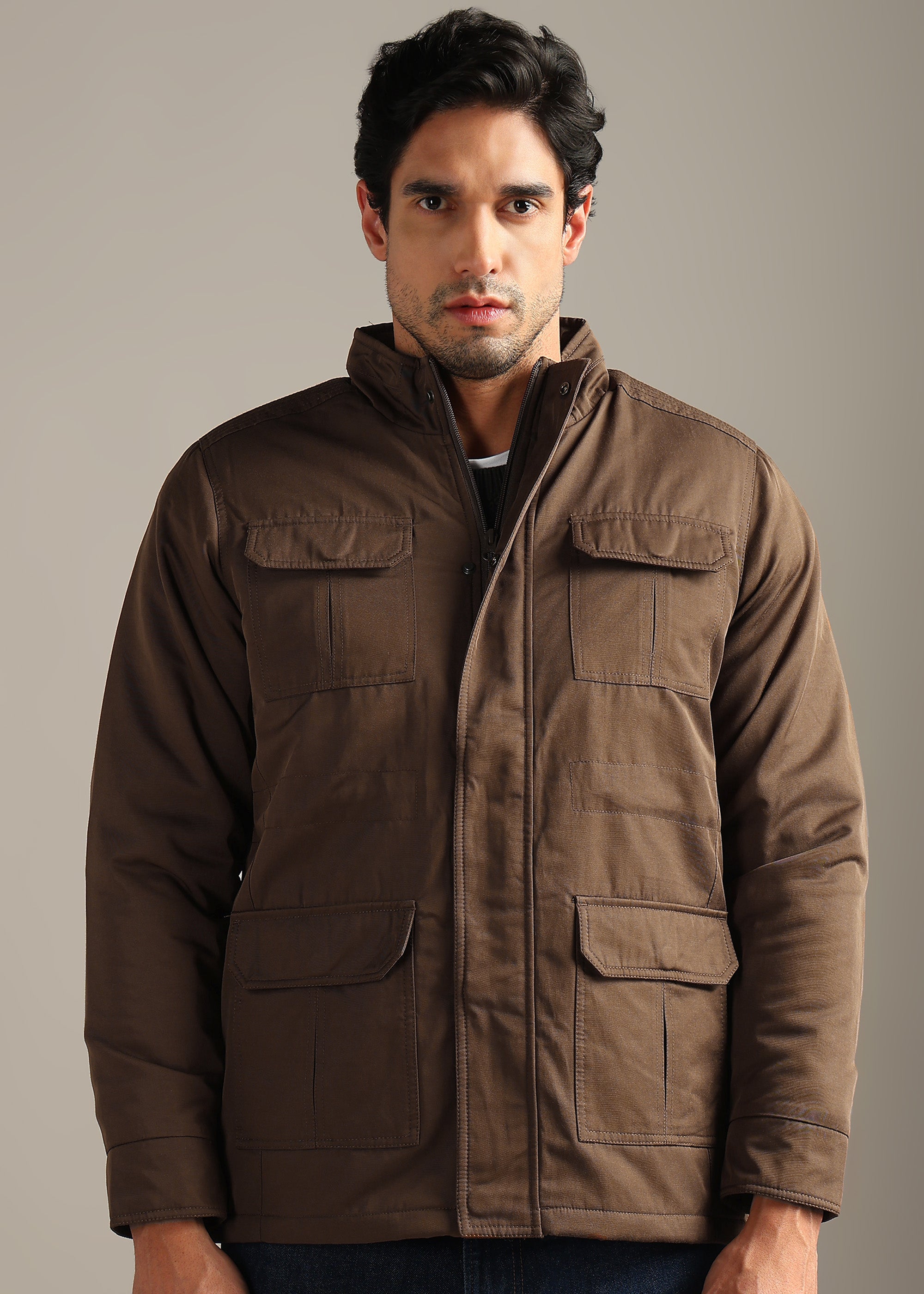 COFFEE SOLID FUR COTTON CARGO FULL SLEEVE JACKET