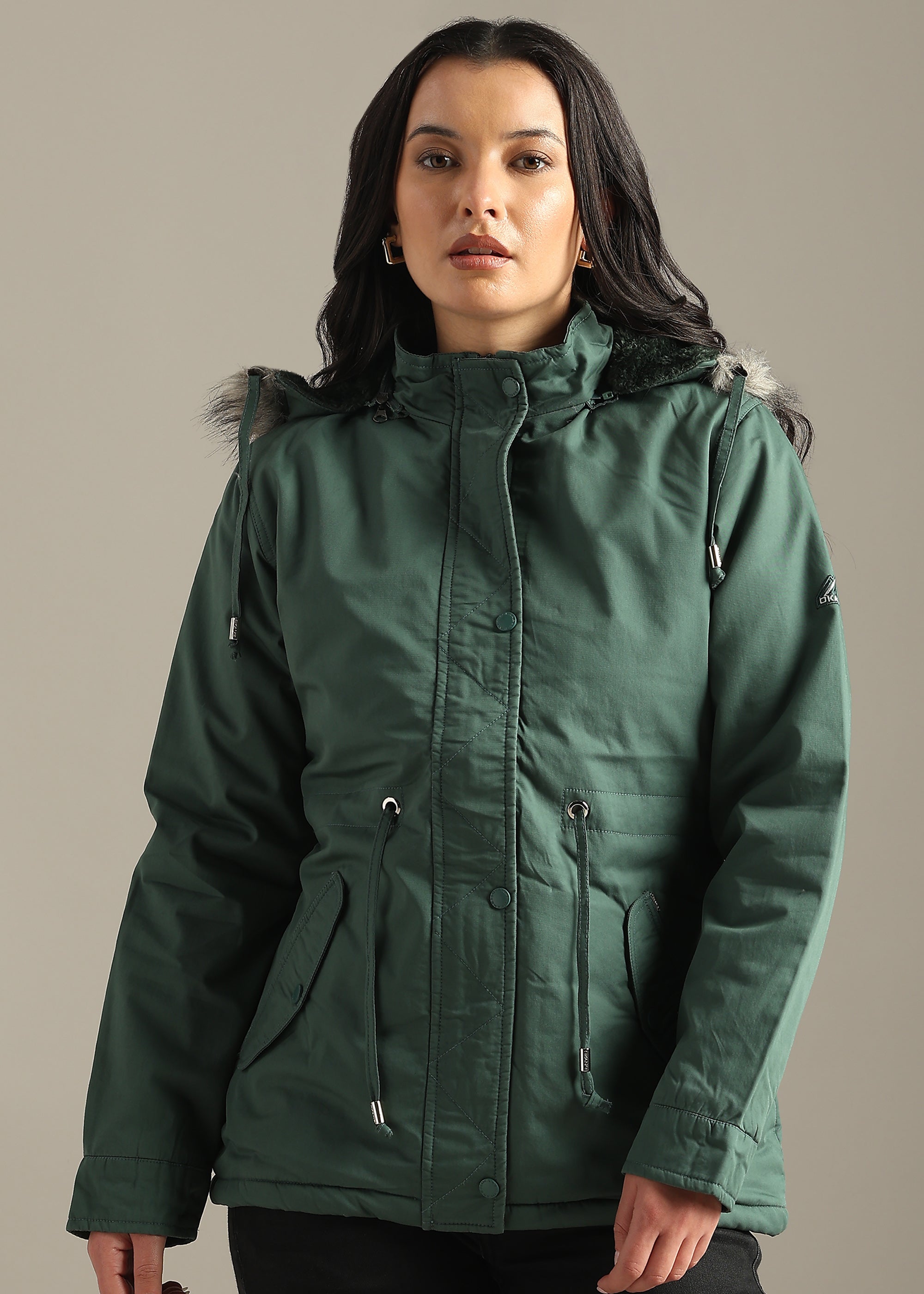 GREEN SOLID COTTON UTILITY FUR BACK FULL SLEEVE JACKET