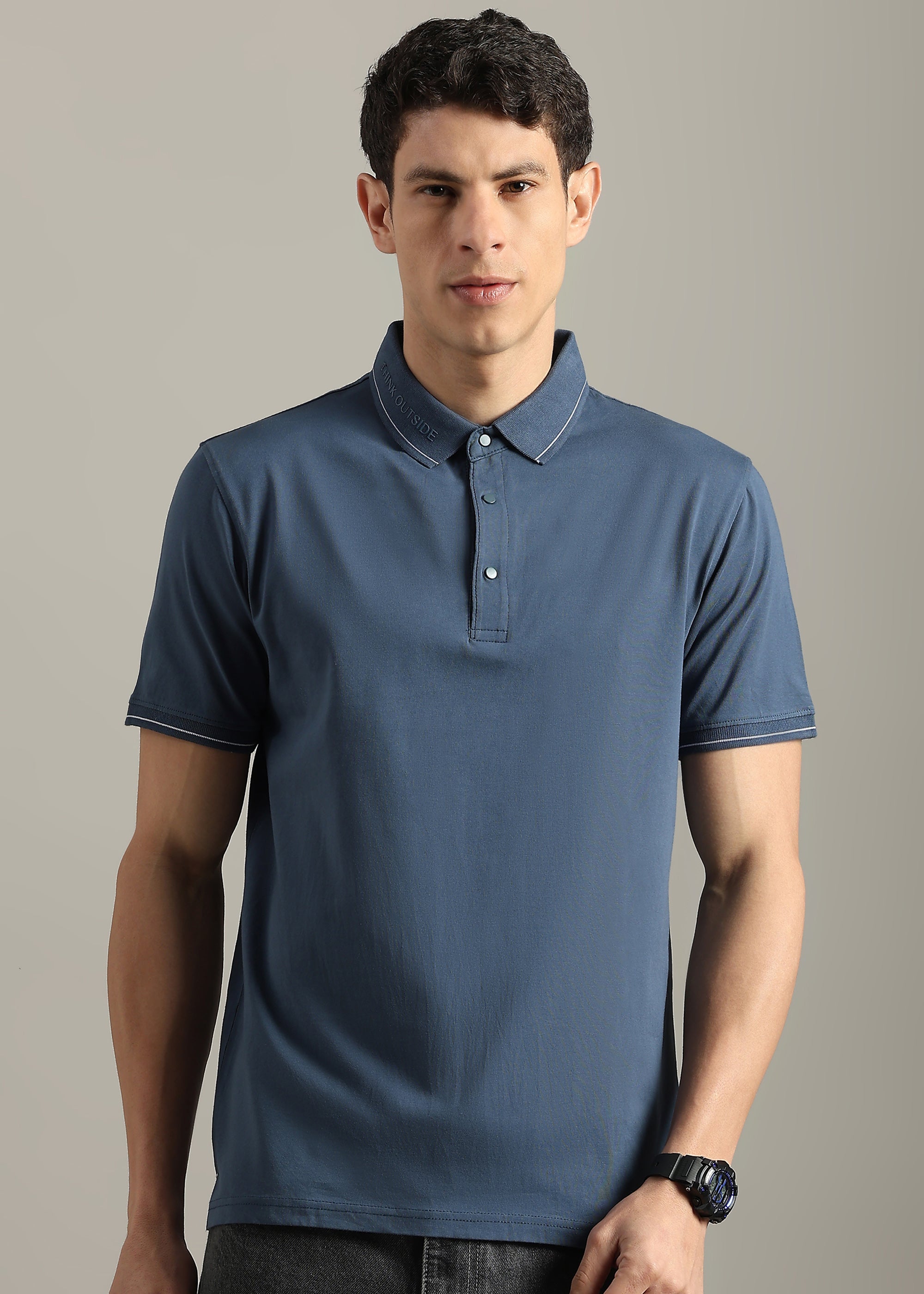 BLUE SOLID COTTON ELASTANE POLO TEE