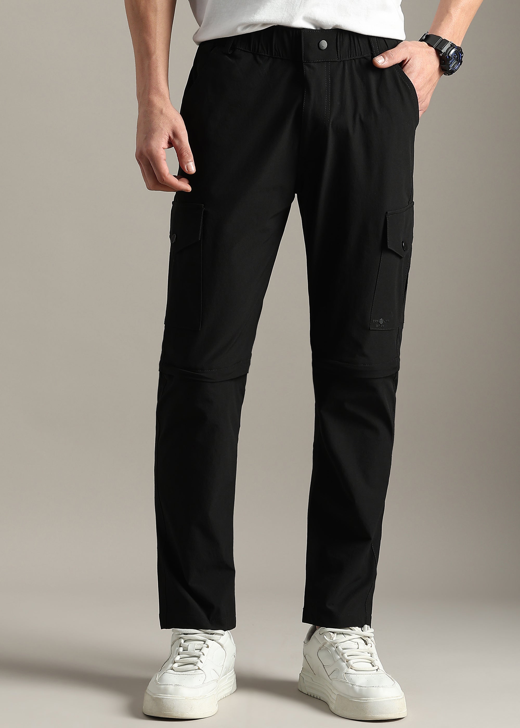 BLACK SOLID POLYSTER ELASTEN CONVERTABLE PANT