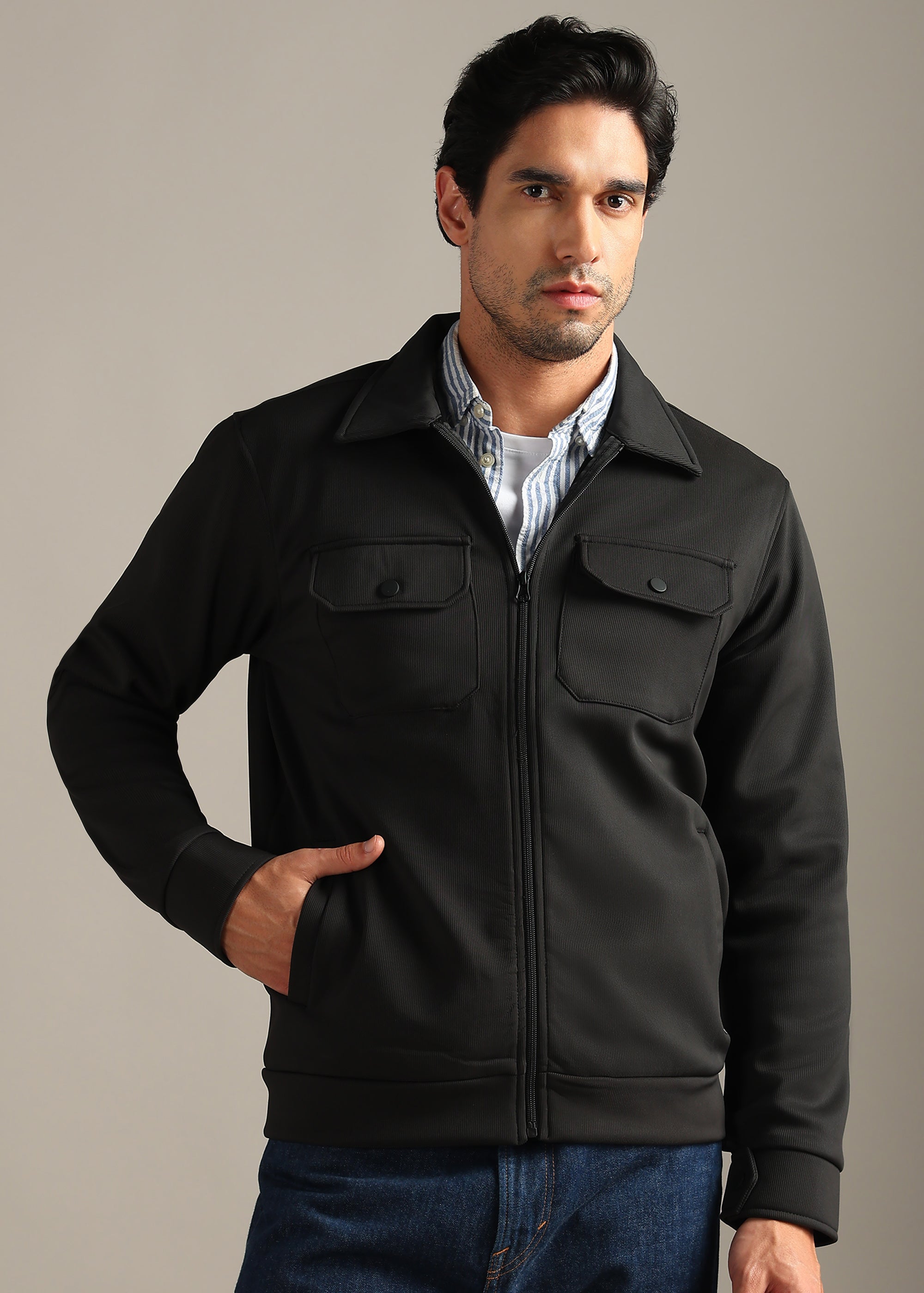 BLACK SOLID PREMIUM WARMTH + ZIPPER SHACKET