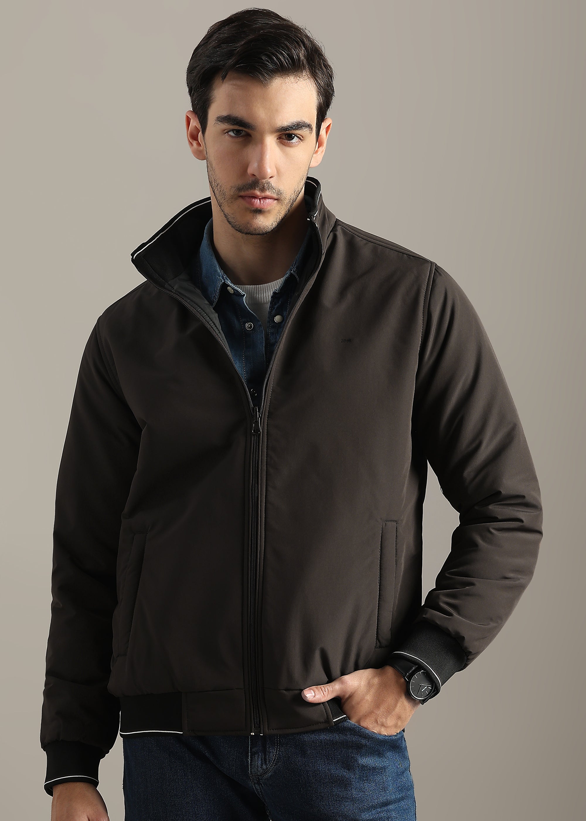 COFFEE SOLID REVERSIBLE MID WEIGHT FULL SLEEVE JACKET