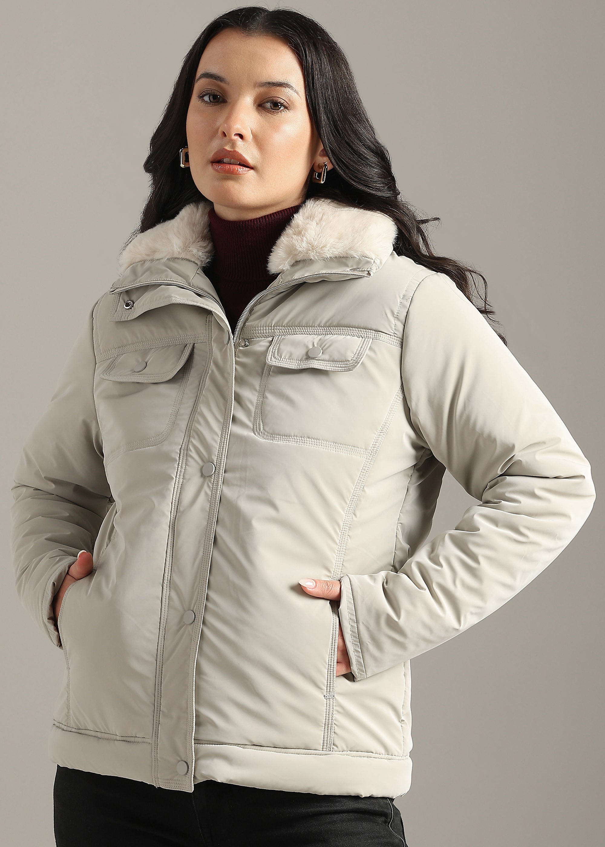 STONE SOFT SKIN FUR COLLAR FULL SLEEVE JACKET