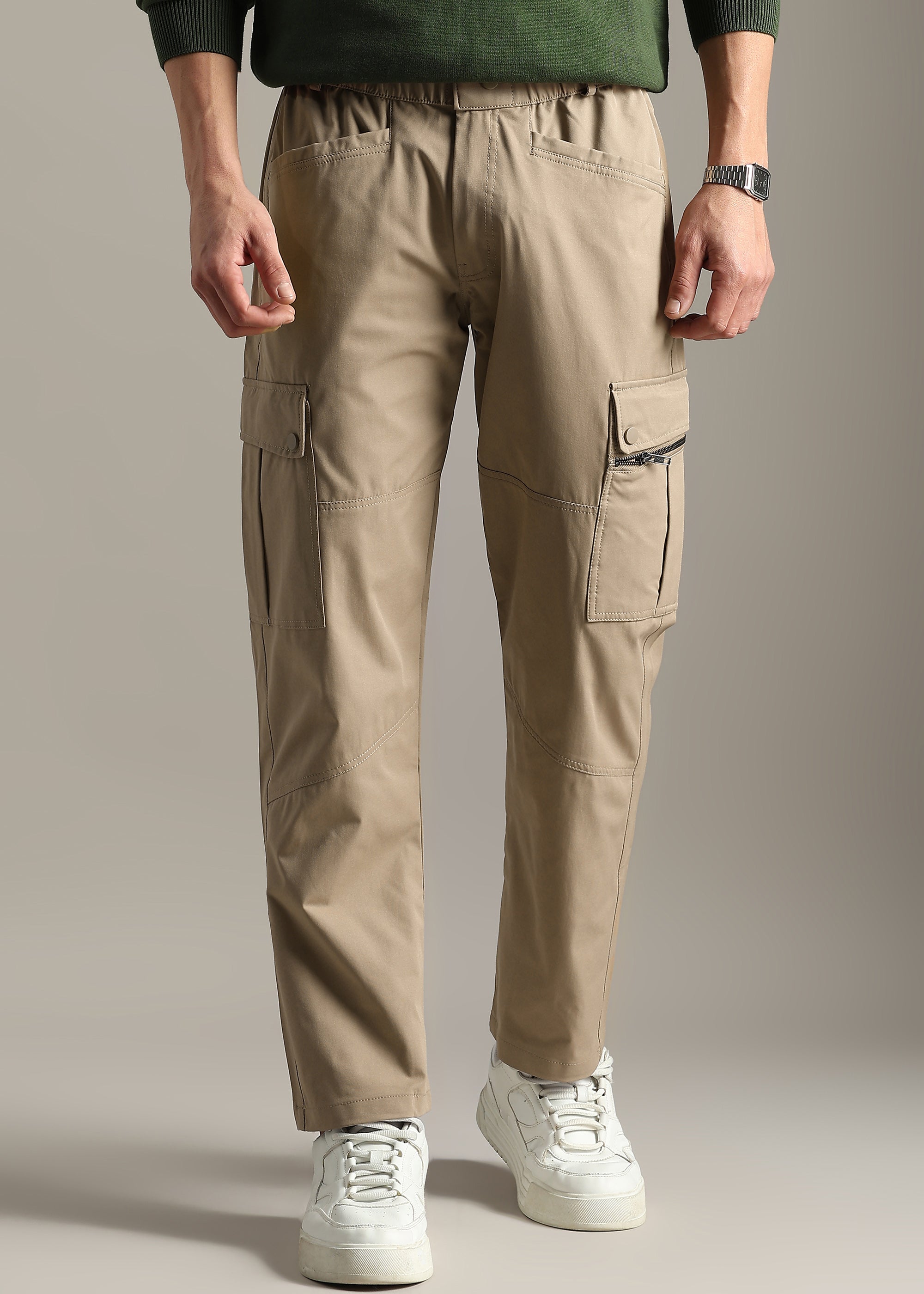 BEIGE NYLON BLENDED ELASTANE CARGO PANT