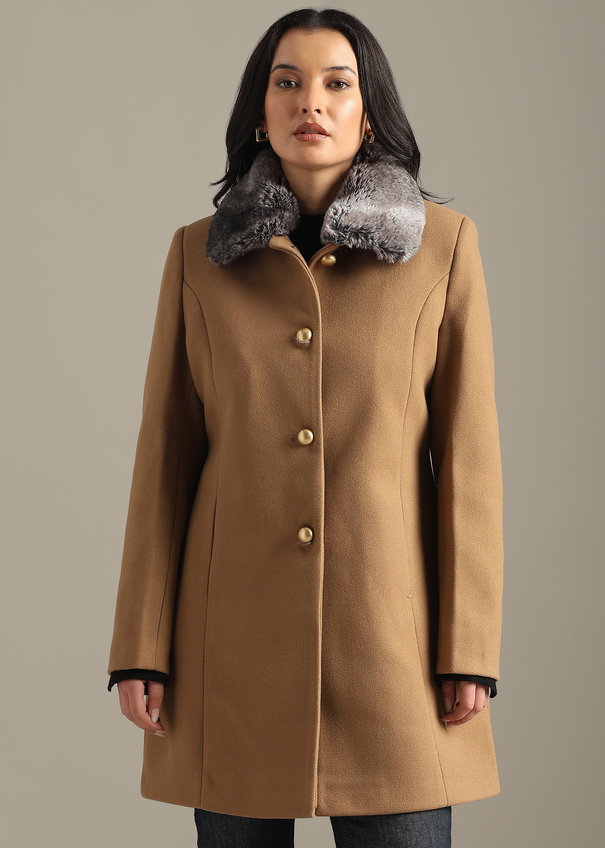 TAN DETACHABLE FUR COLLAR COAT