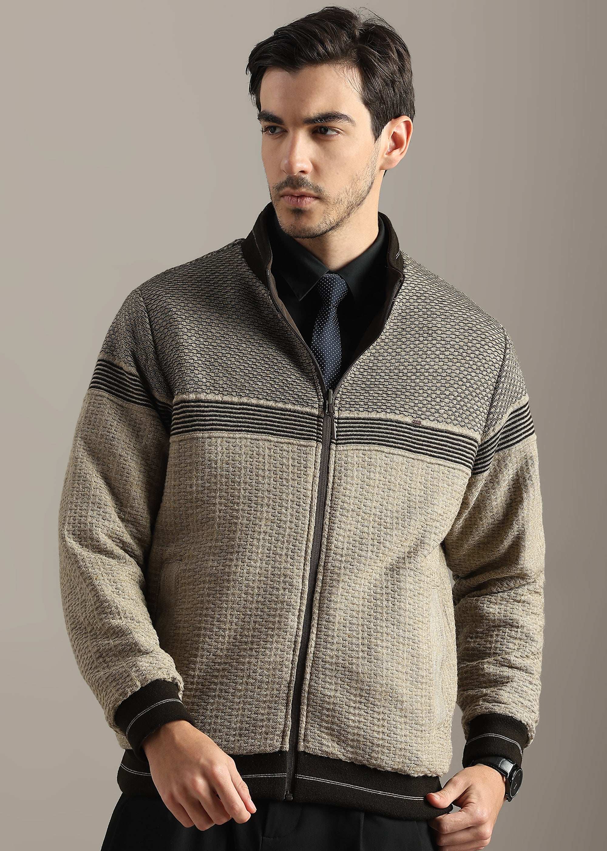 BROWN REVERSIBLE FULL SLEEVE JACKET WITH ENGINEERED SWEATER