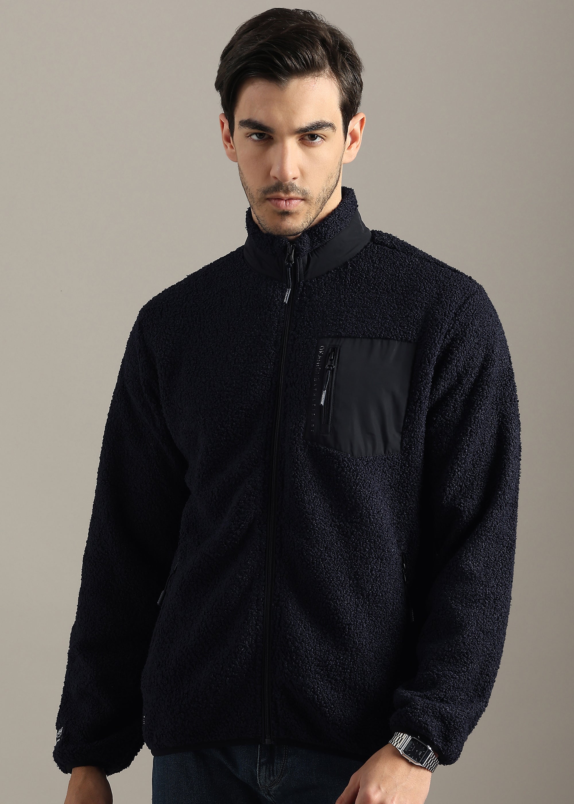 NAVY SOLID FOUX SHEARLING ZIPPER SWEAT SHIRT