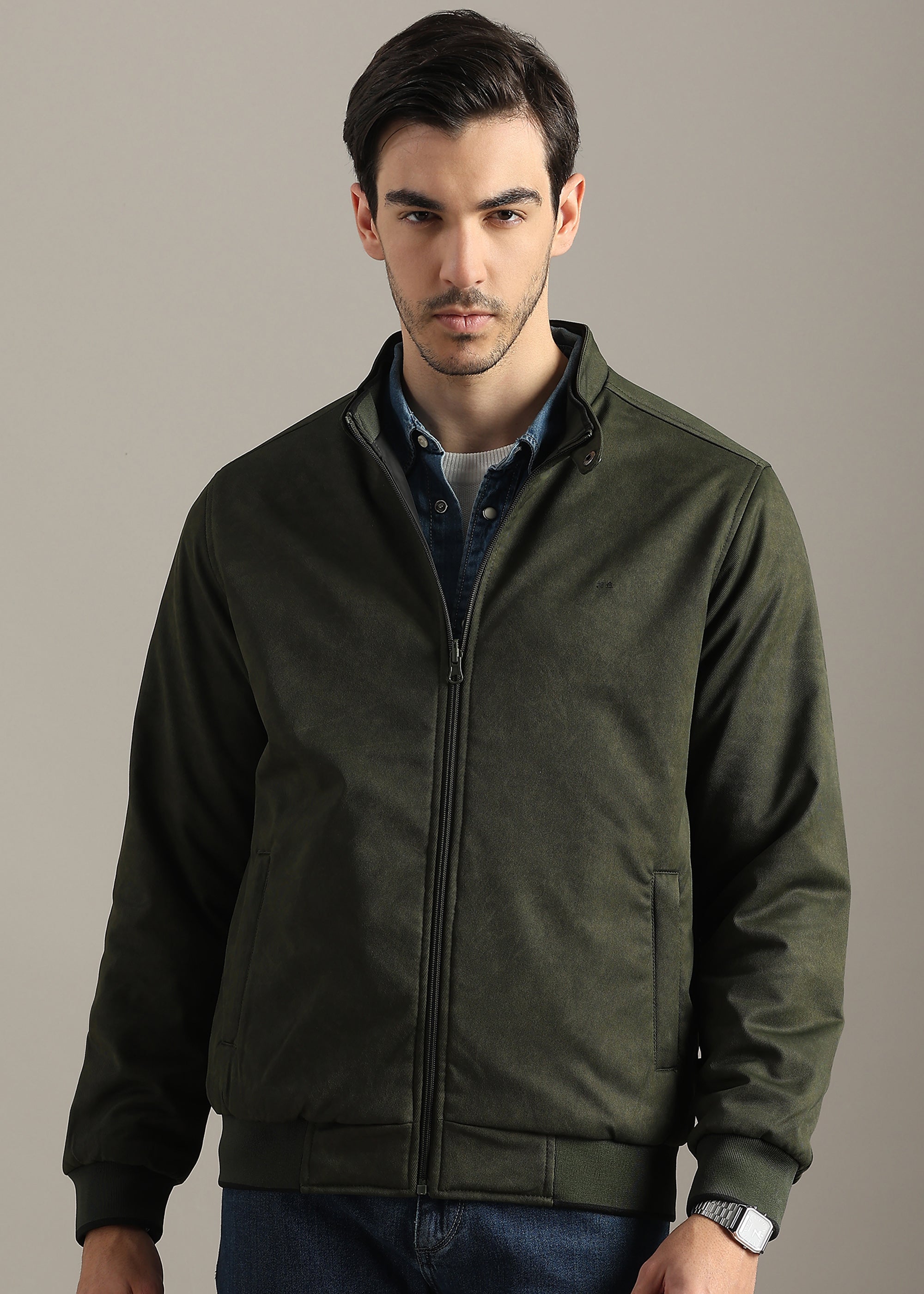 OLIVE SOLID REVERSIBLE TEXTURED FULL SLEEVE JACKET