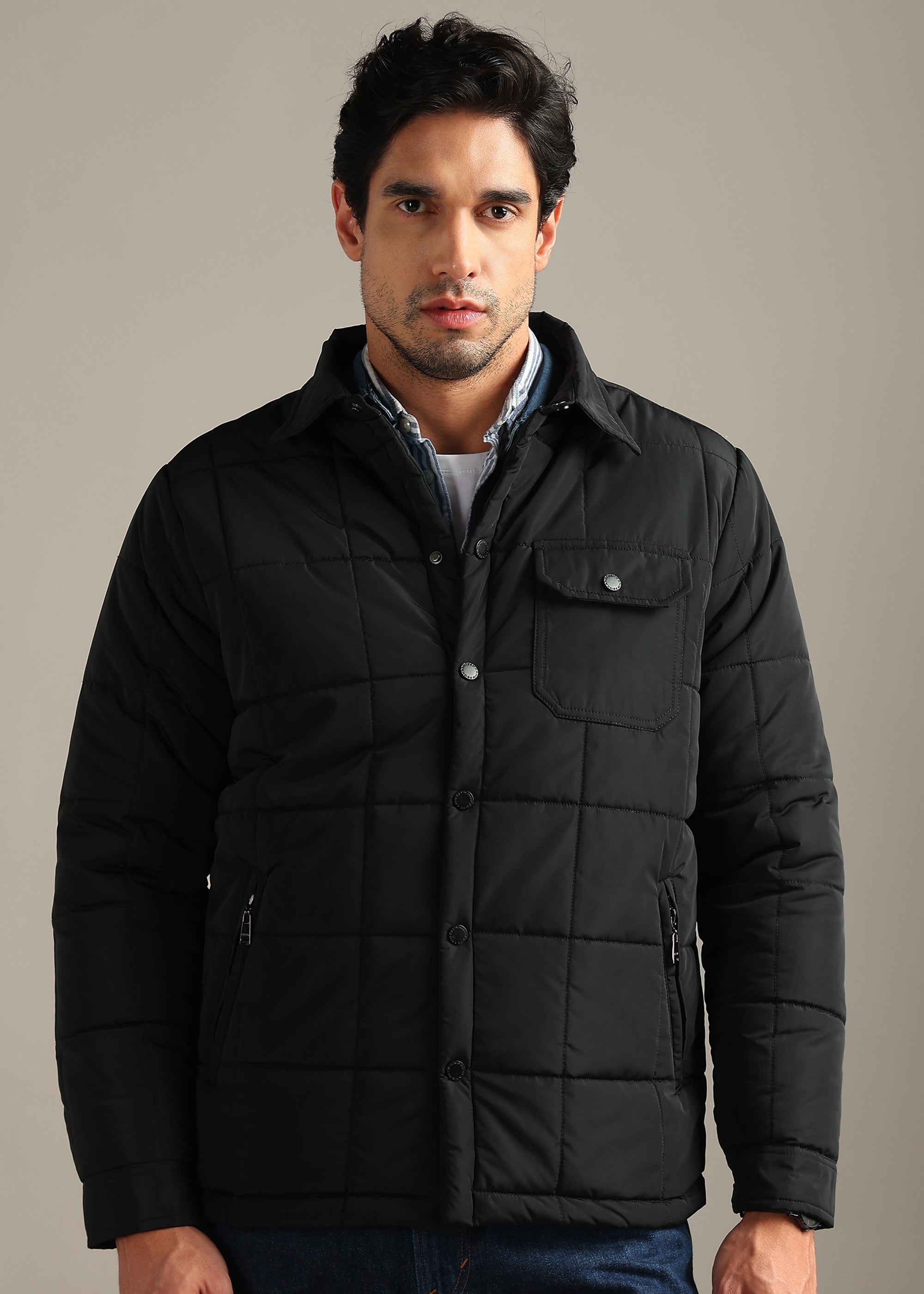 BLACK SOLID BLOUSON QUILTED FULL SLEEVE JACKET