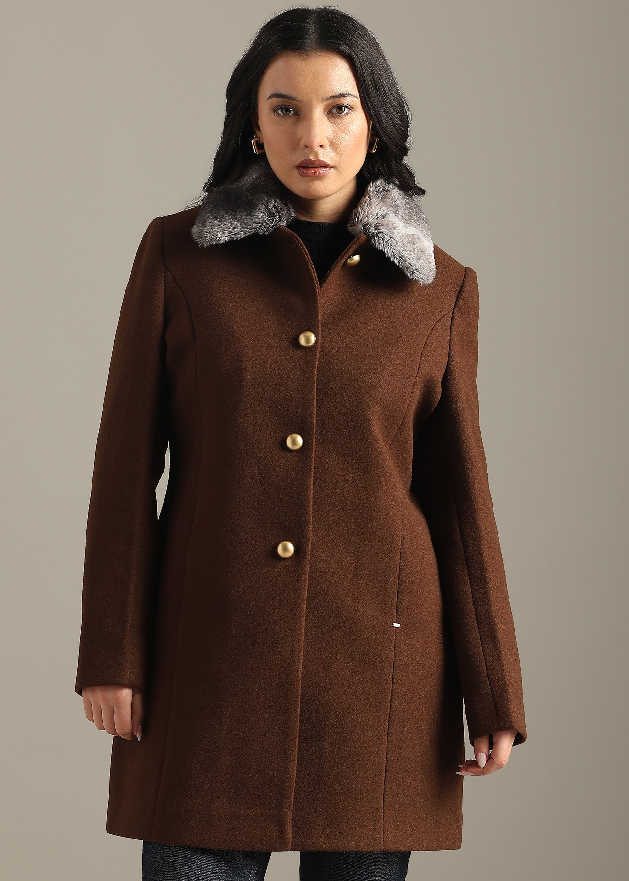 COFFEE DETACHABLE FUR COLLAR COAT