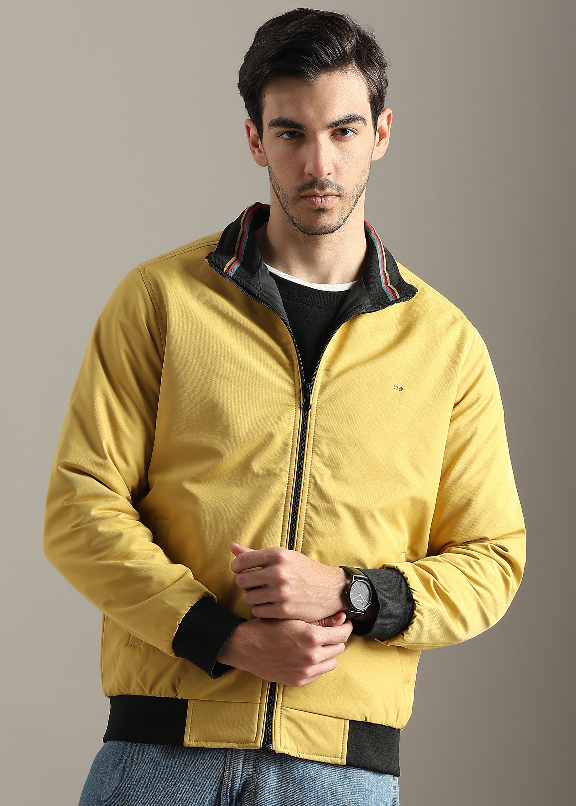 MUSTARD SOLID REVERSIBLE FAUX COTTON FULL SLEEVE JACKET