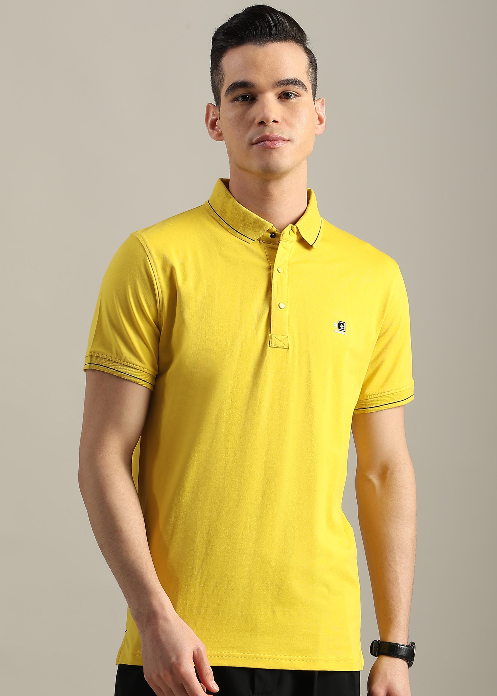 YELLOW SOLID COTTON ELASTANE POLO TEE