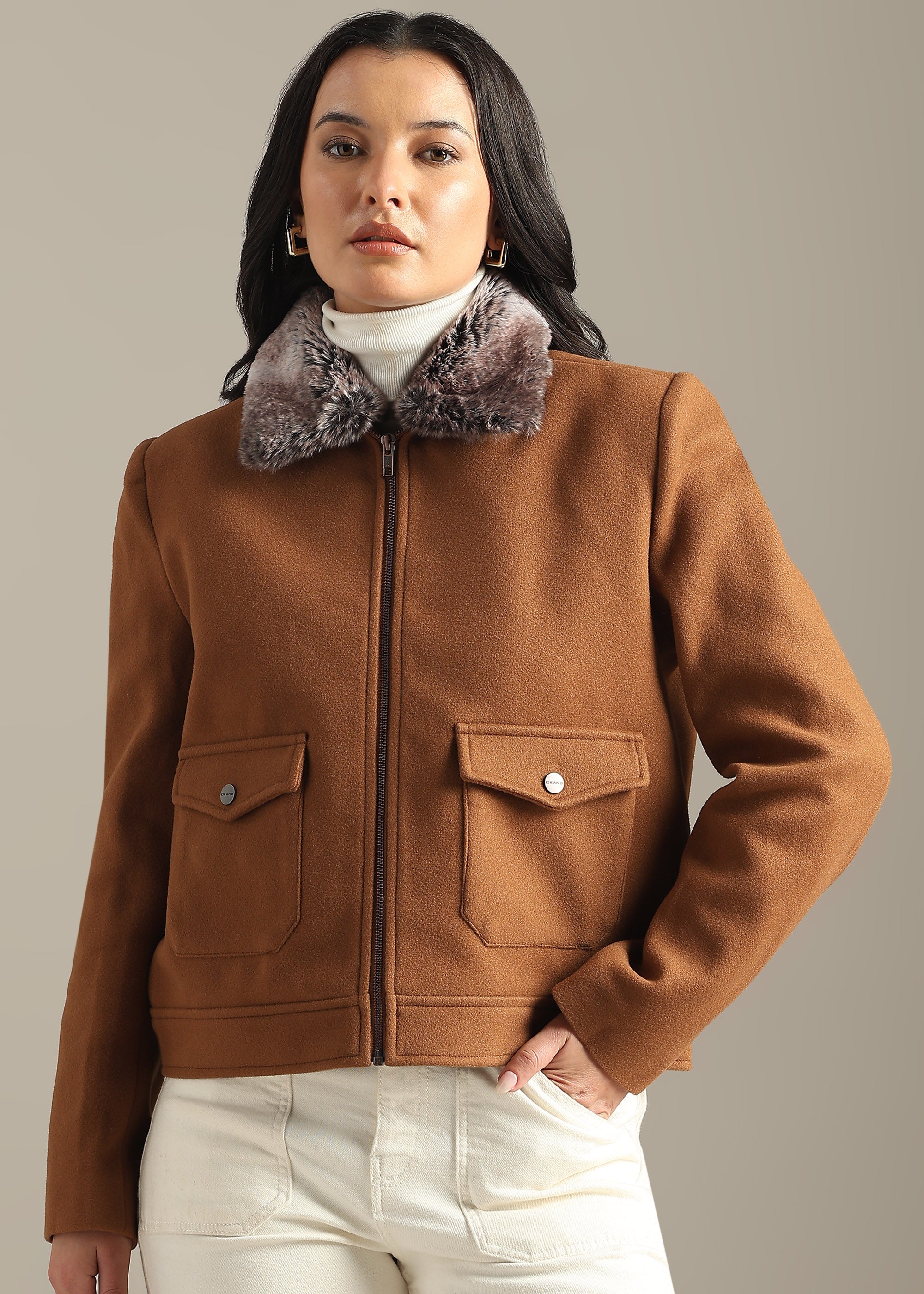 TAN DETACHABLE FUR BLOUSON COAT