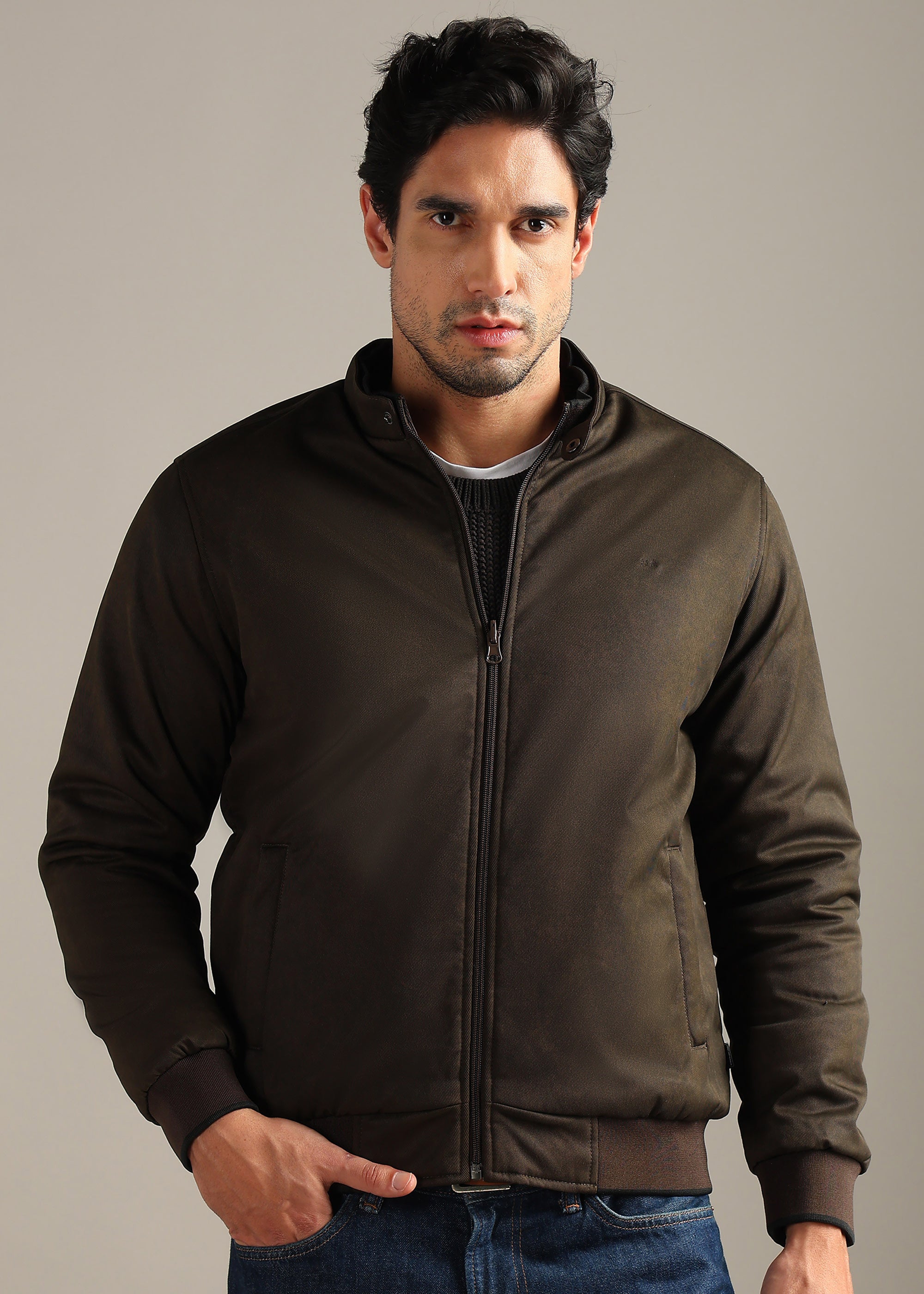 BROWN SOLID REVERSIBLE TEXTURED FULL SLEEVE JACKET