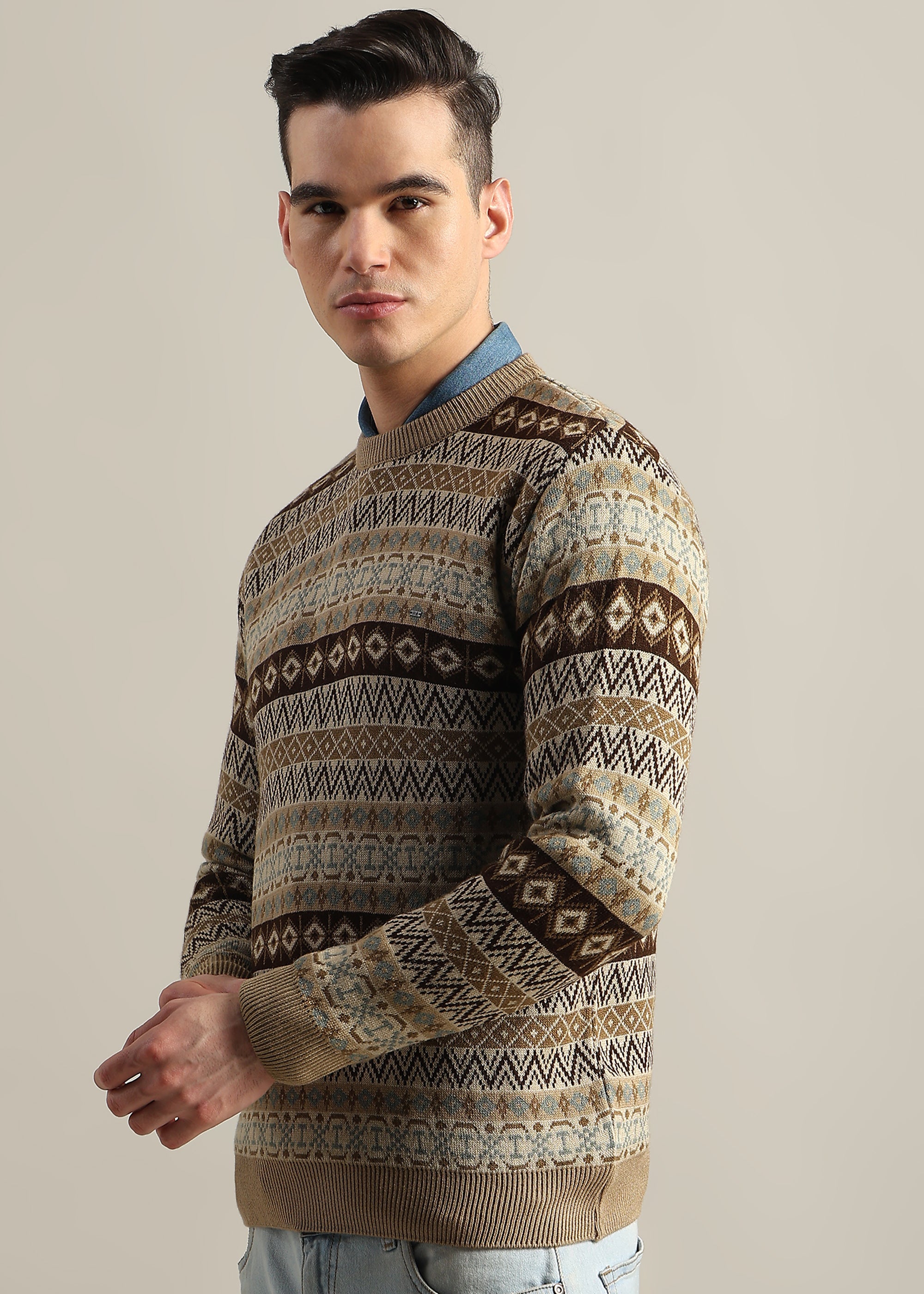 CAMEL STRUCTURED CREW NECK SWEATER