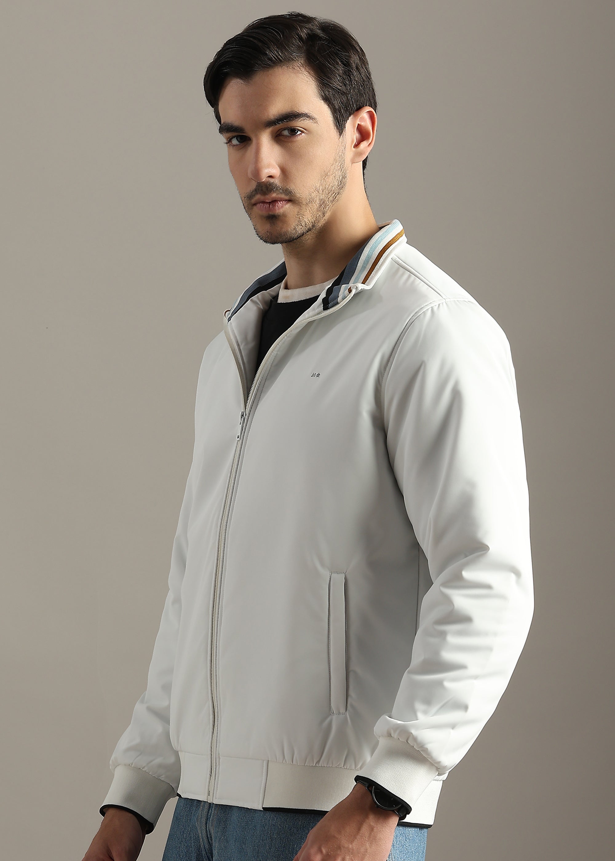 WHITE PREMIUM HARRINGTON NYLON FULL SLEEVE JACKET