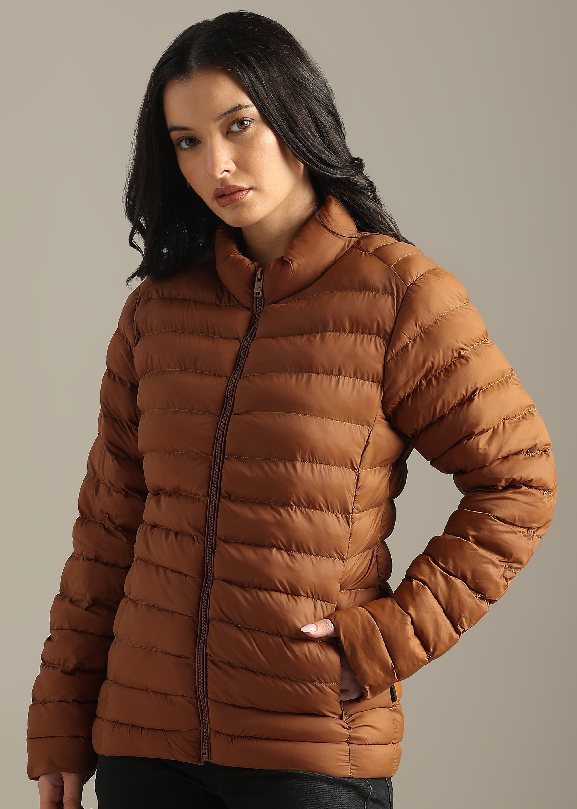 TAN SOLID POLYESTER PUFFER FULL SLEEVE JACKET